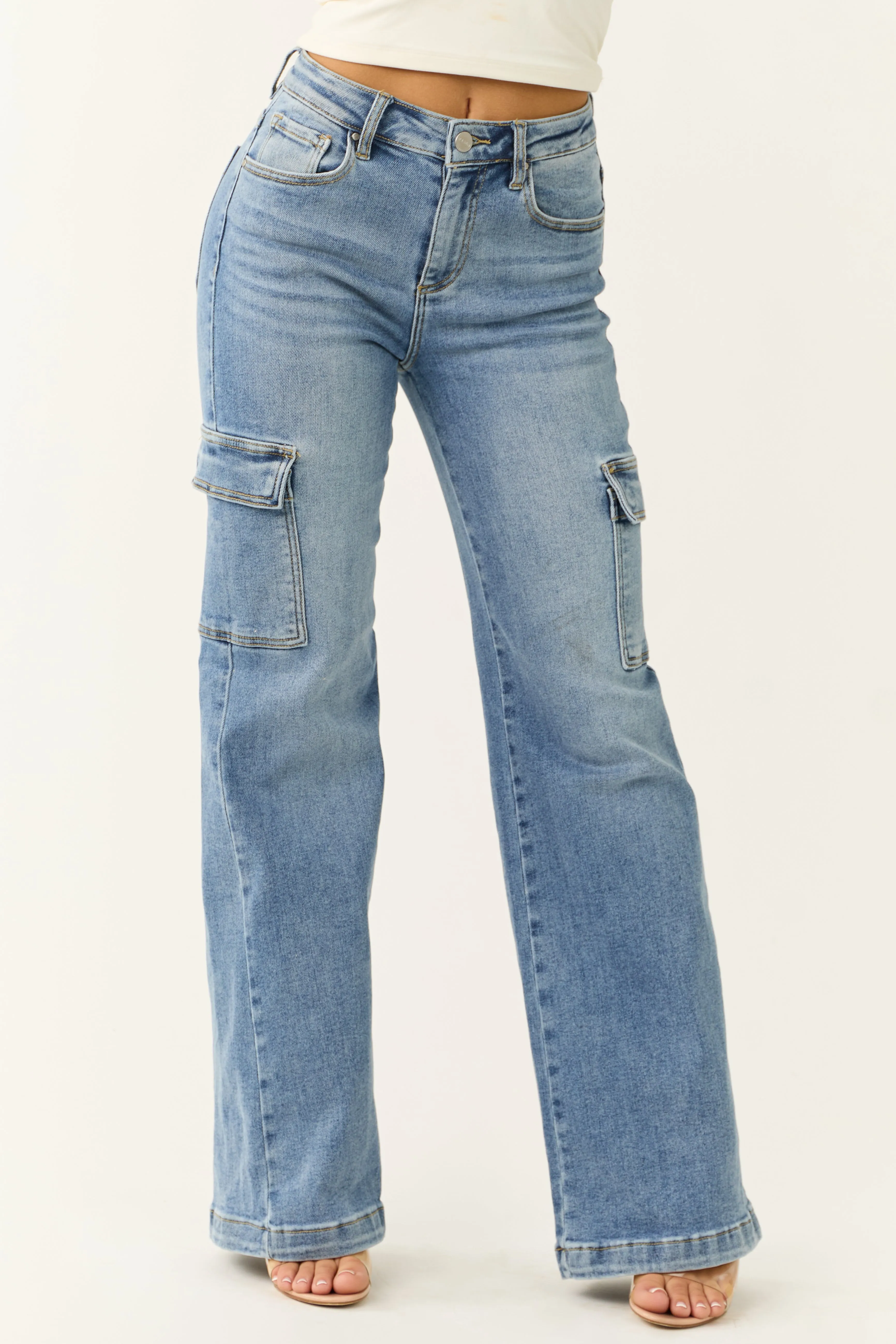 Risen Medium Wash Straight Leg Cargo Jeans sold by Lime Lush