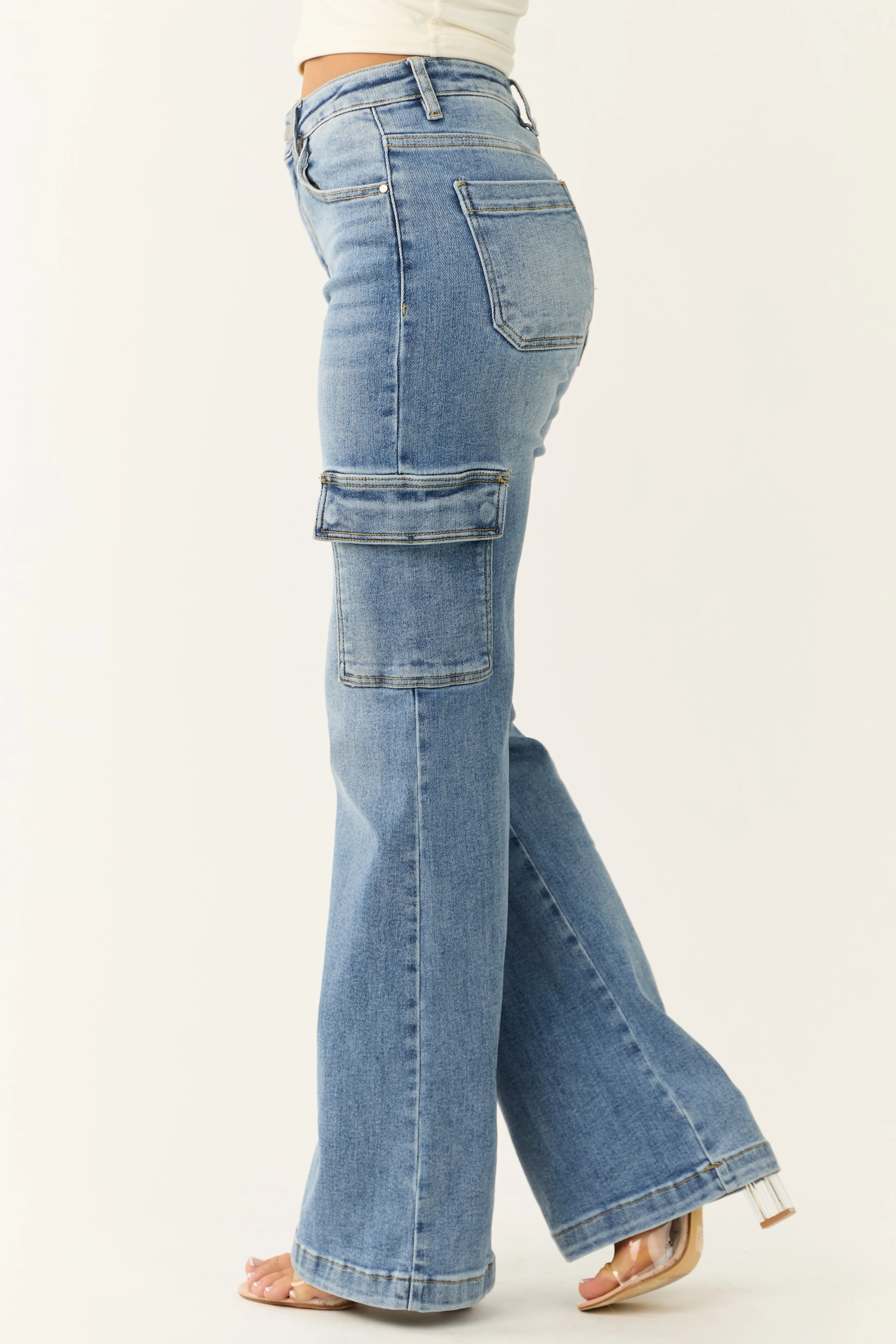 Risen Medium Wash Straight Leg Cargo Jeans sold by Lime Lush product image thumbnail 3