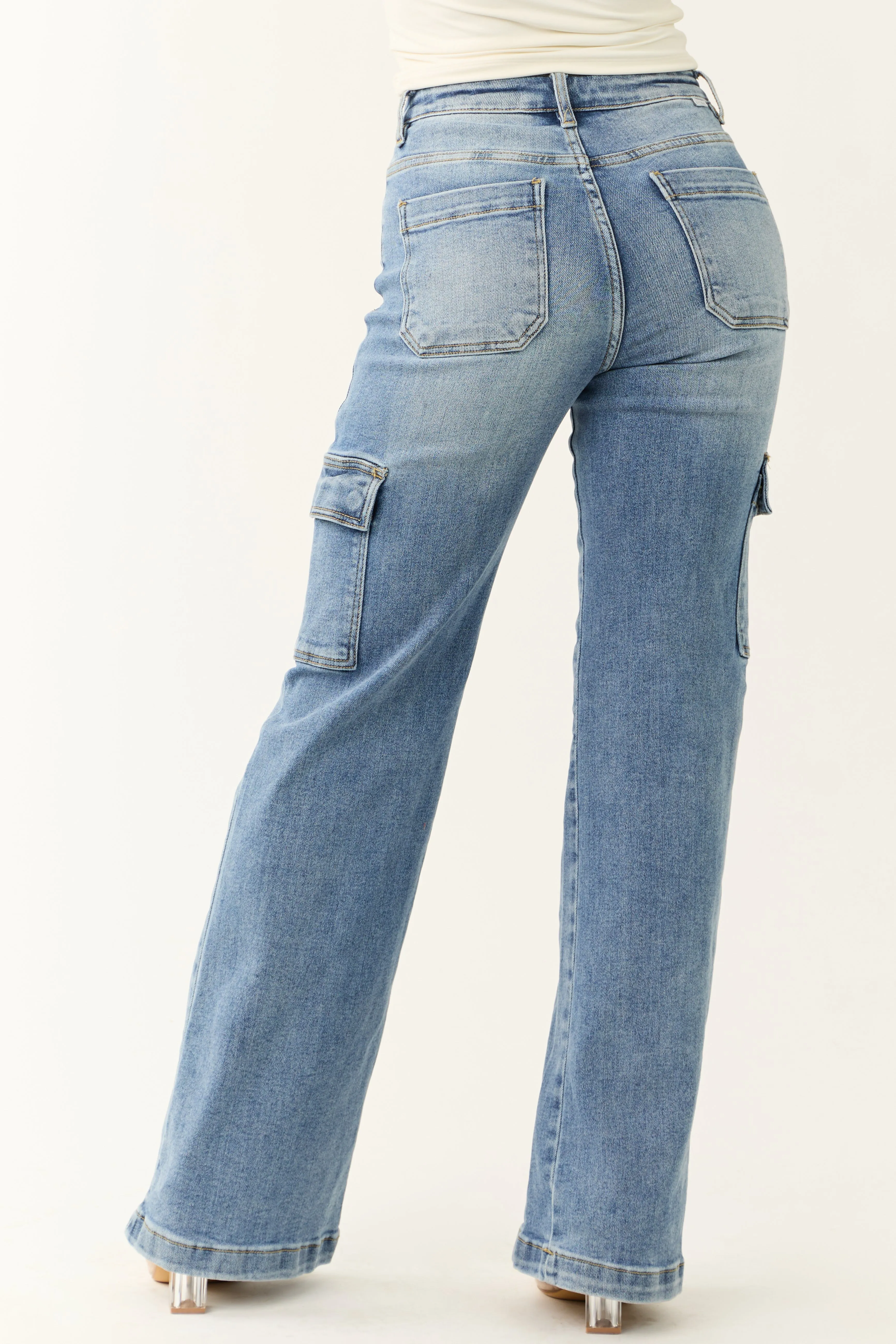 Risen Medium Wash Straight Leg Cargo Jeans sold by Lime Lush product image thumbnail 4