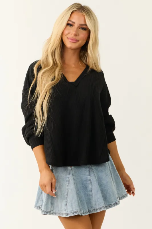 Black Brushed Waffle Knit V Neck Long Sleeve Top sold by Lime Lush