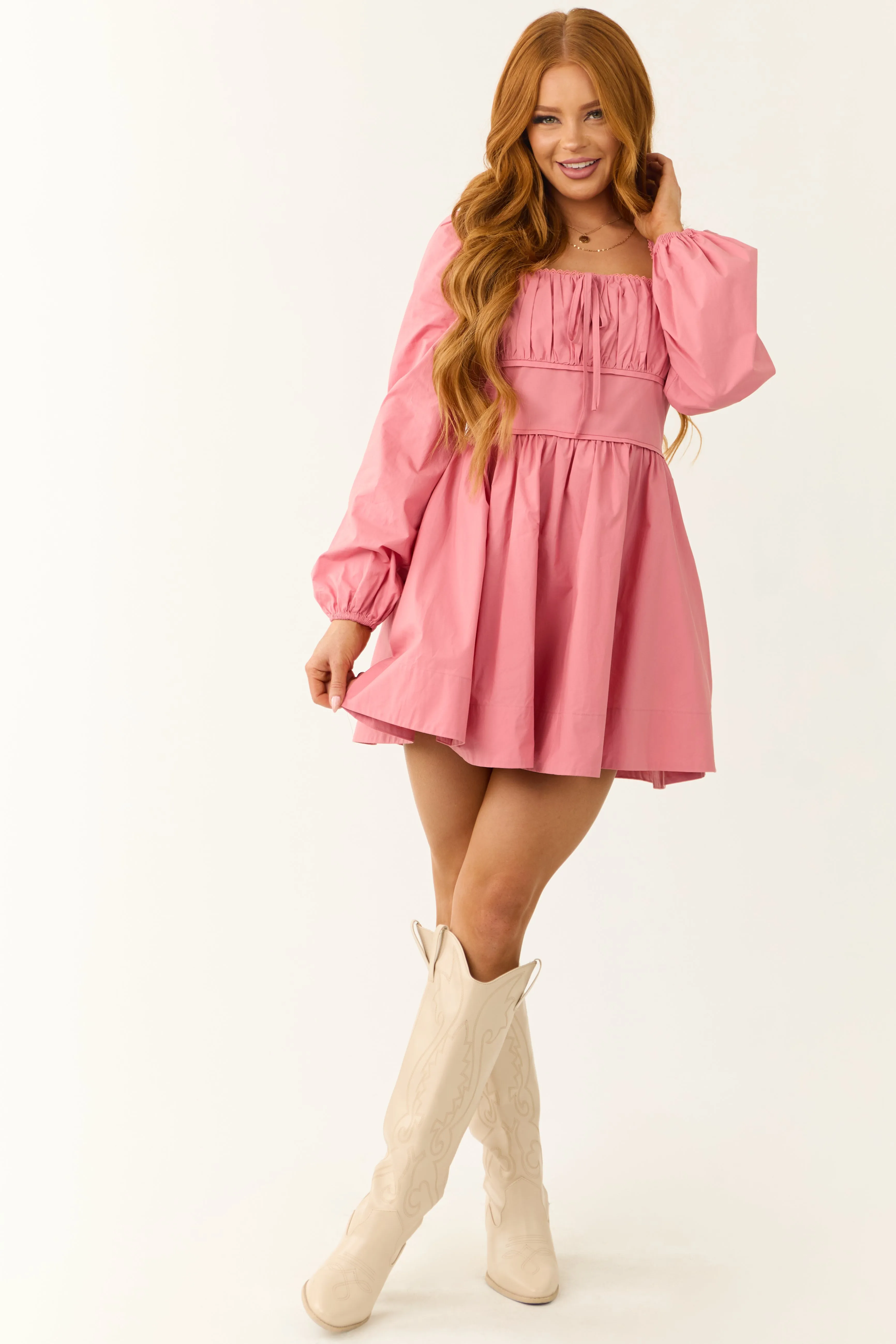 Light Punch Long Sleeve Tie Front Short Dress sold by Lime Lush