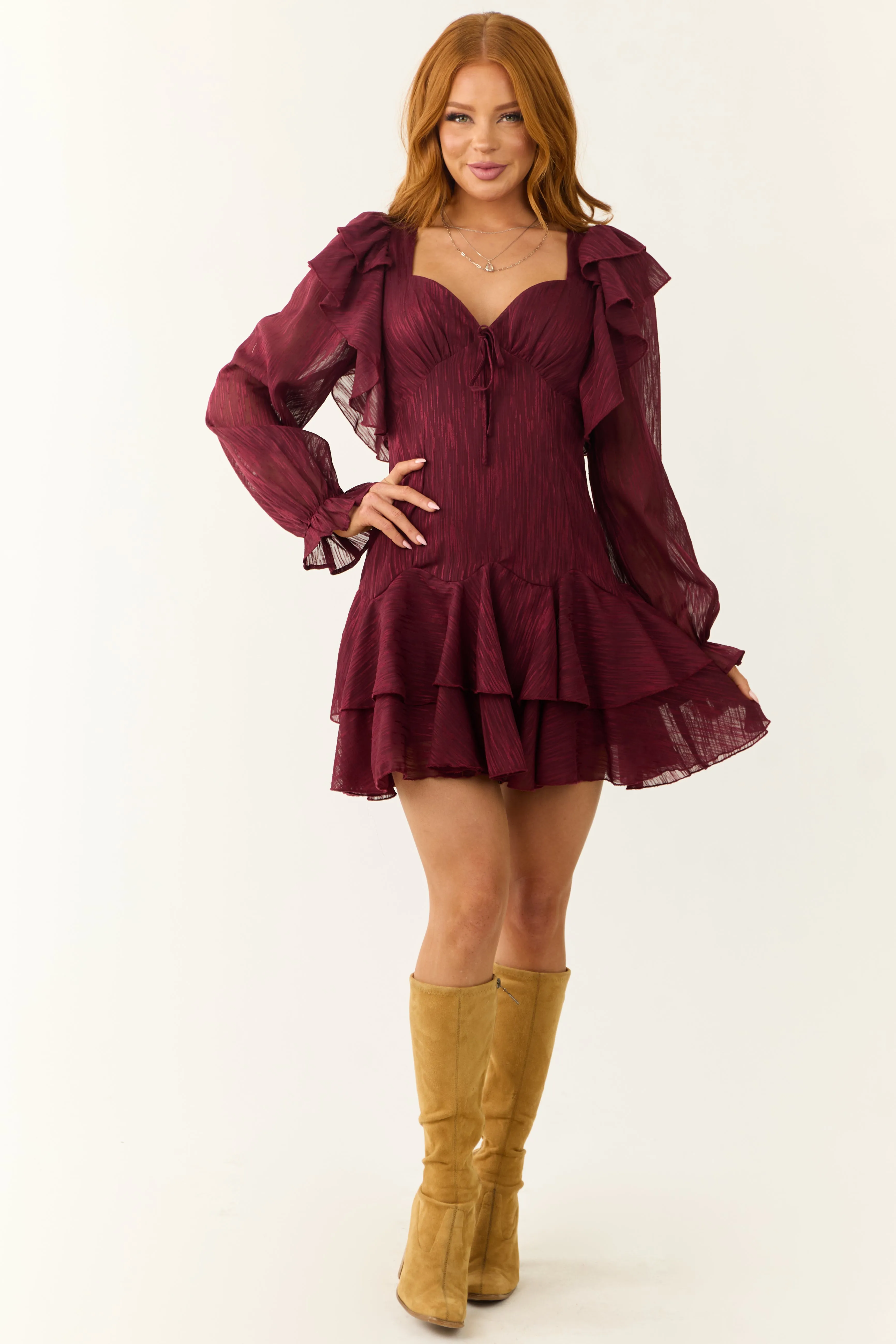 Maroon Sweetheart Neck Long Sleeve Short Dress sold by Lime Lush