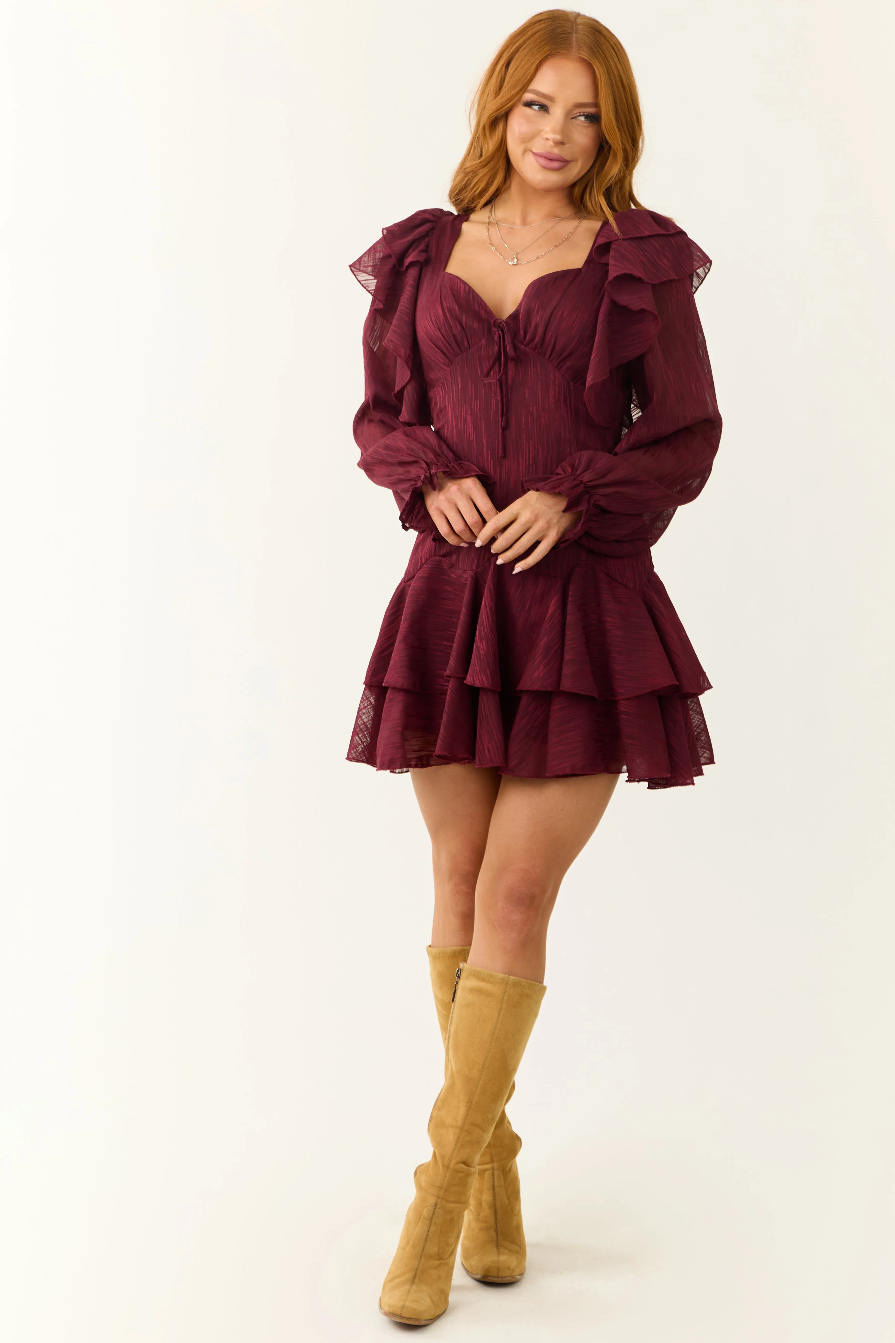 Maroon Sweetheart Neck Long Sleeve Short Dress sold by Lime Lush product image thumbnail 2