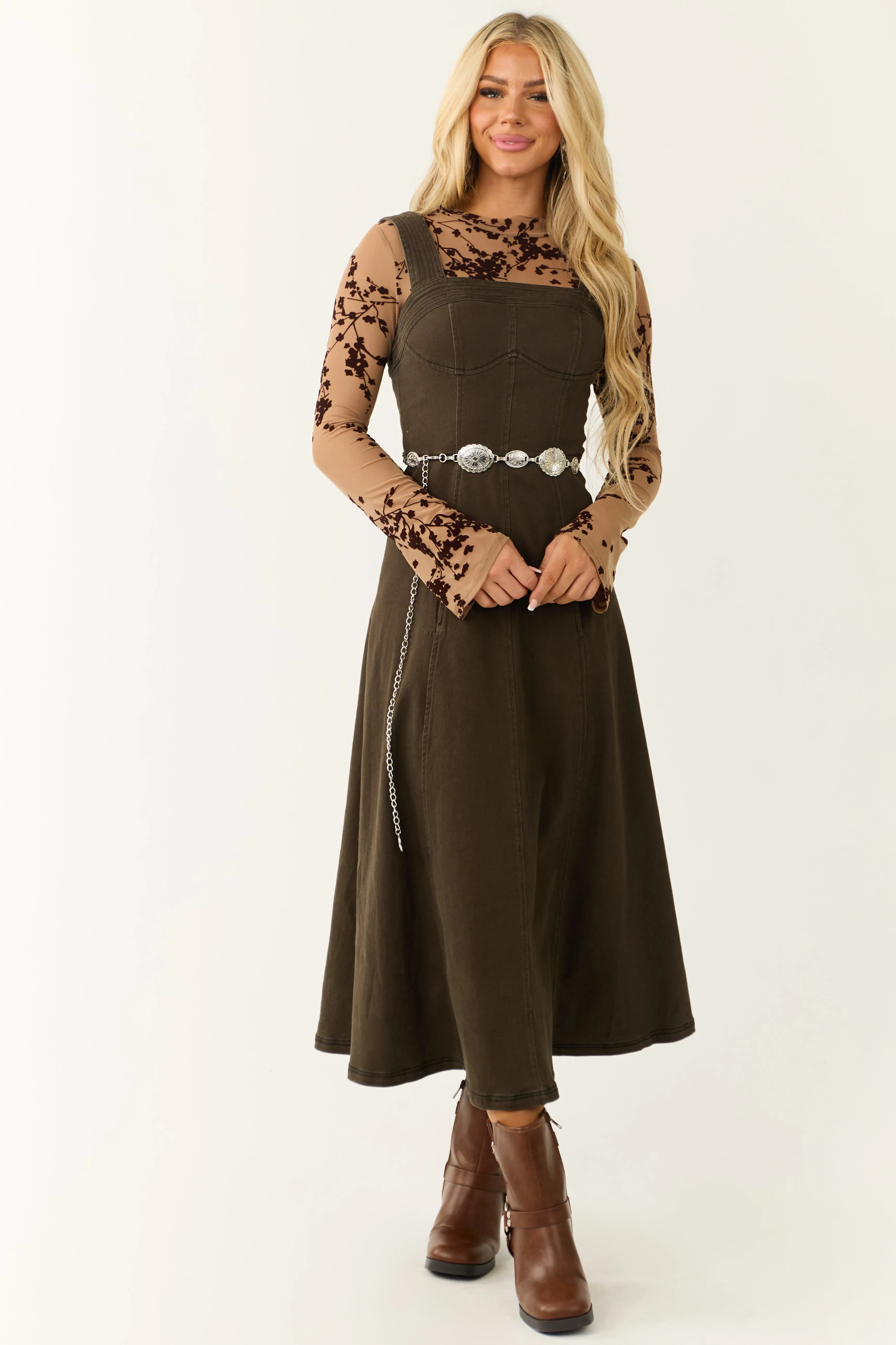 Dark Army Green Denim Thick Strap Midi Dress sold by Lime Lush