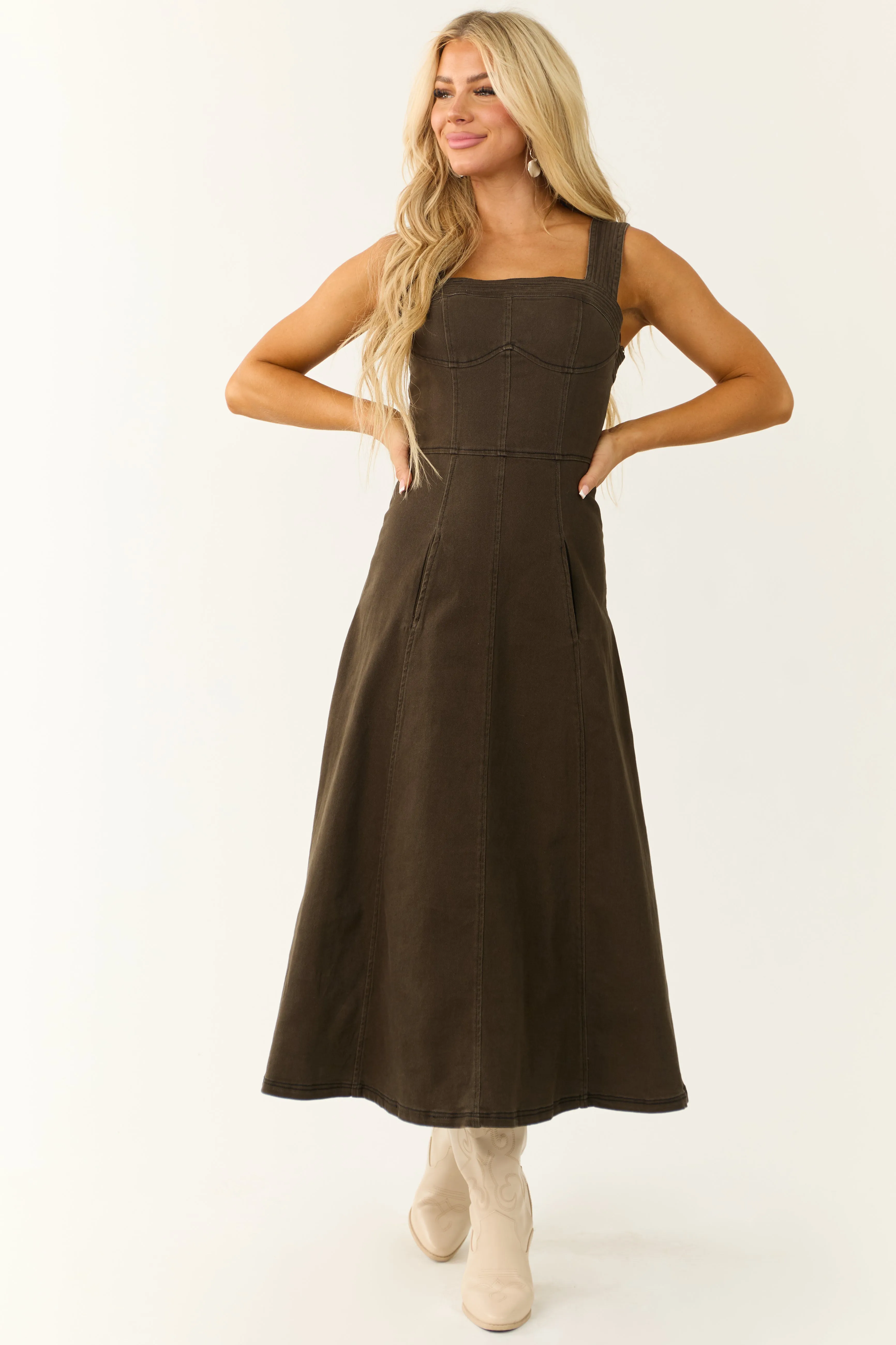 Dark Army Green Denim Thick Strap Midi Dress sold by Lime Lush product image thumbnail 4