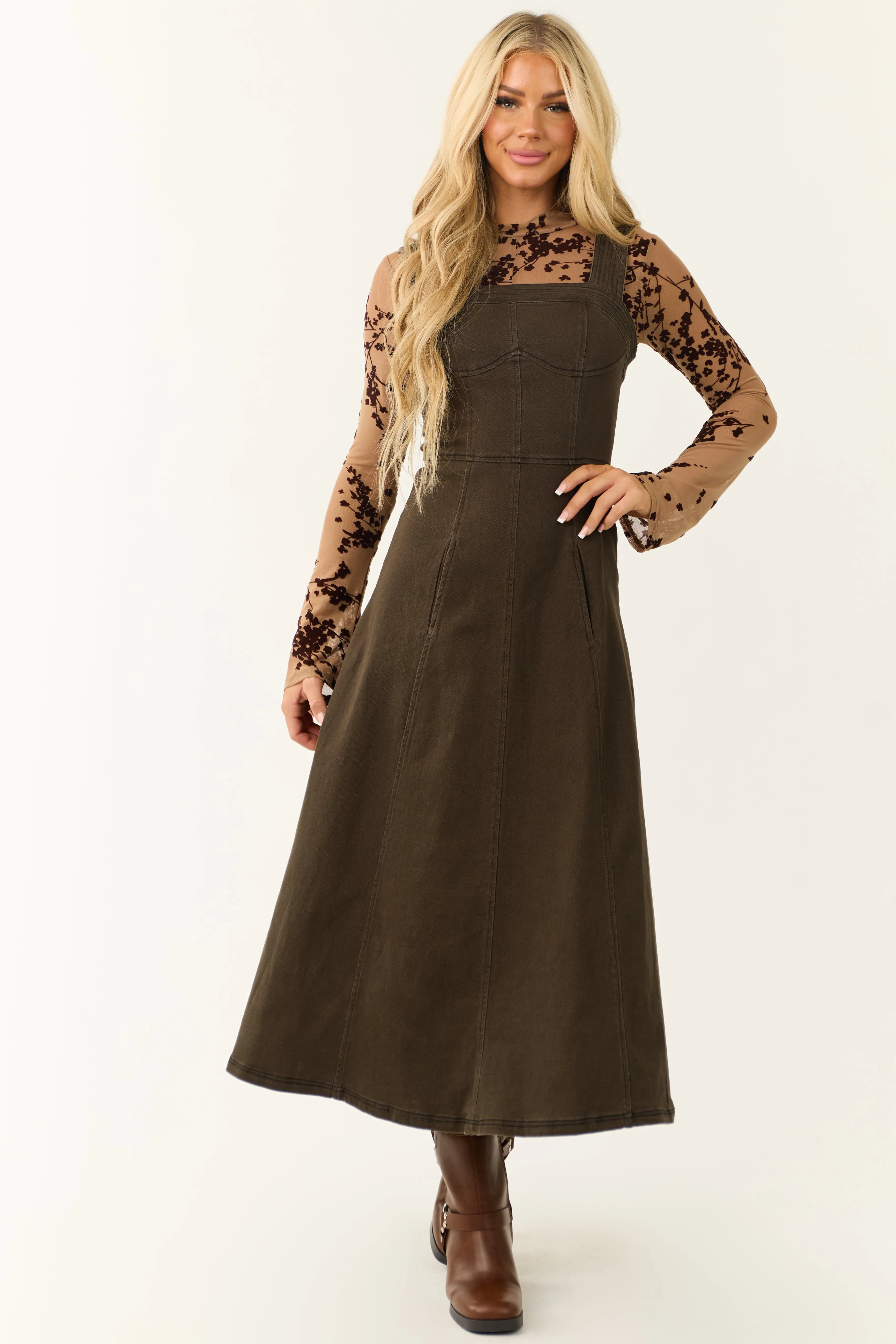 Dark Army Green Denim Thick Strap Midi Dress sold by Lime Lush product image thumbnail 3