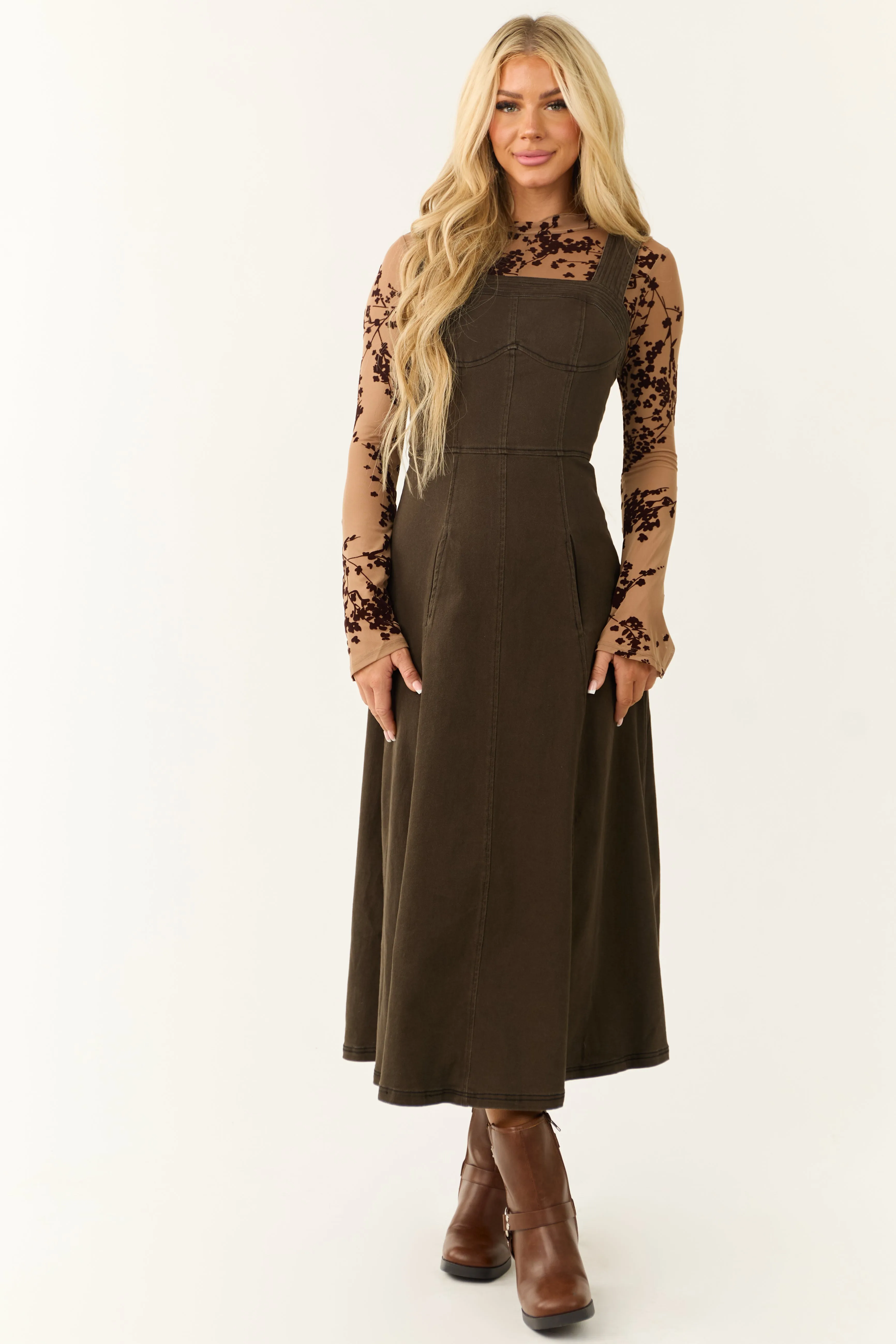 Dark Army Green Denim Thick Strap Midi Dress sold by Lime Lush product image thumbnail 2