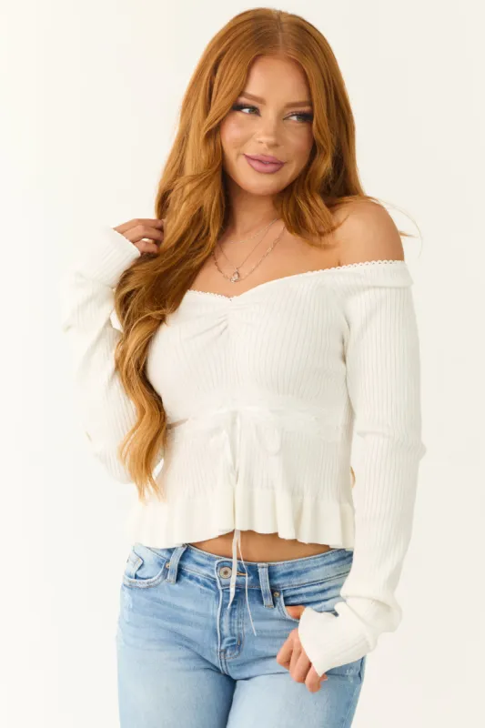 Off White Off the Shoulder Ribbon Detail Crop Top sold by Lime Lush