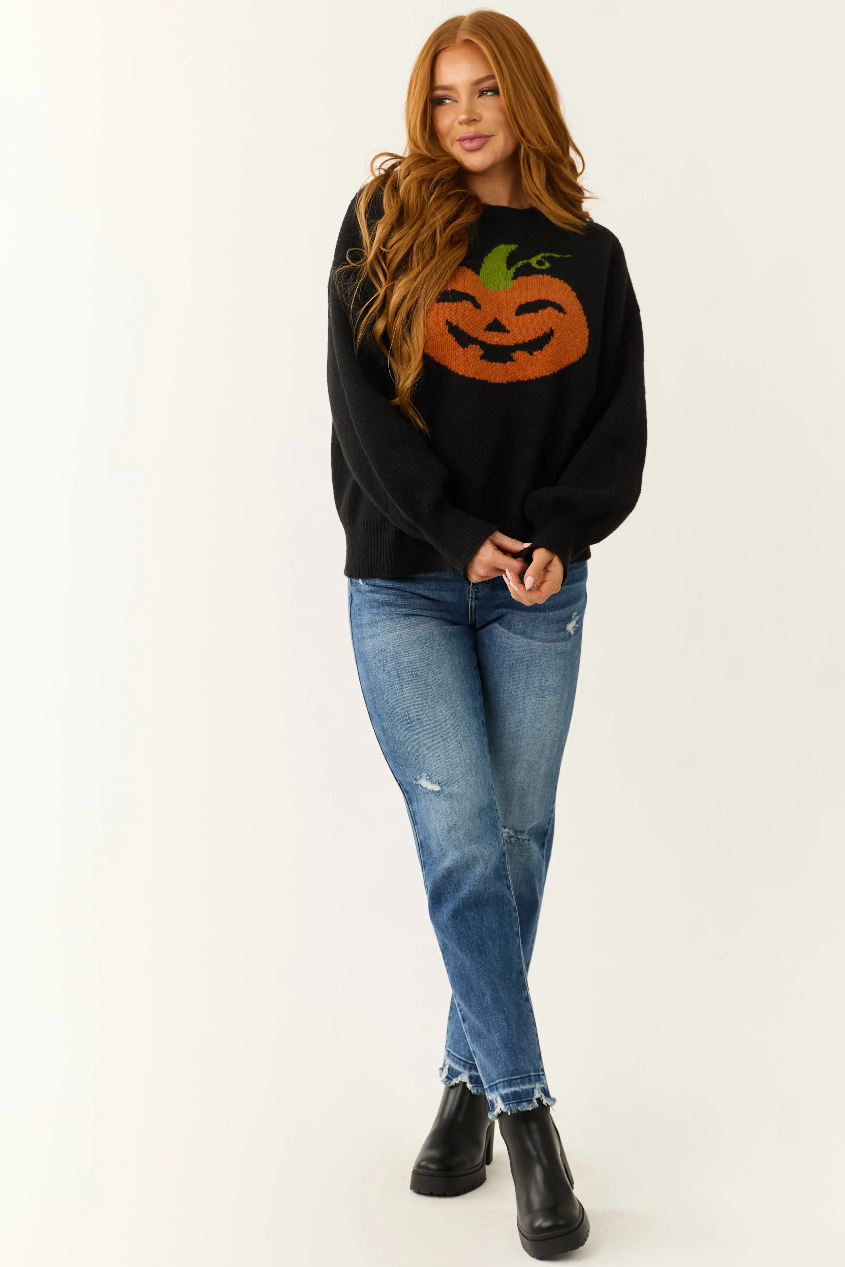 Black Pumpkin Graphic Long Sleeve Sweater sold by Lime Lush product image thumbnail 2