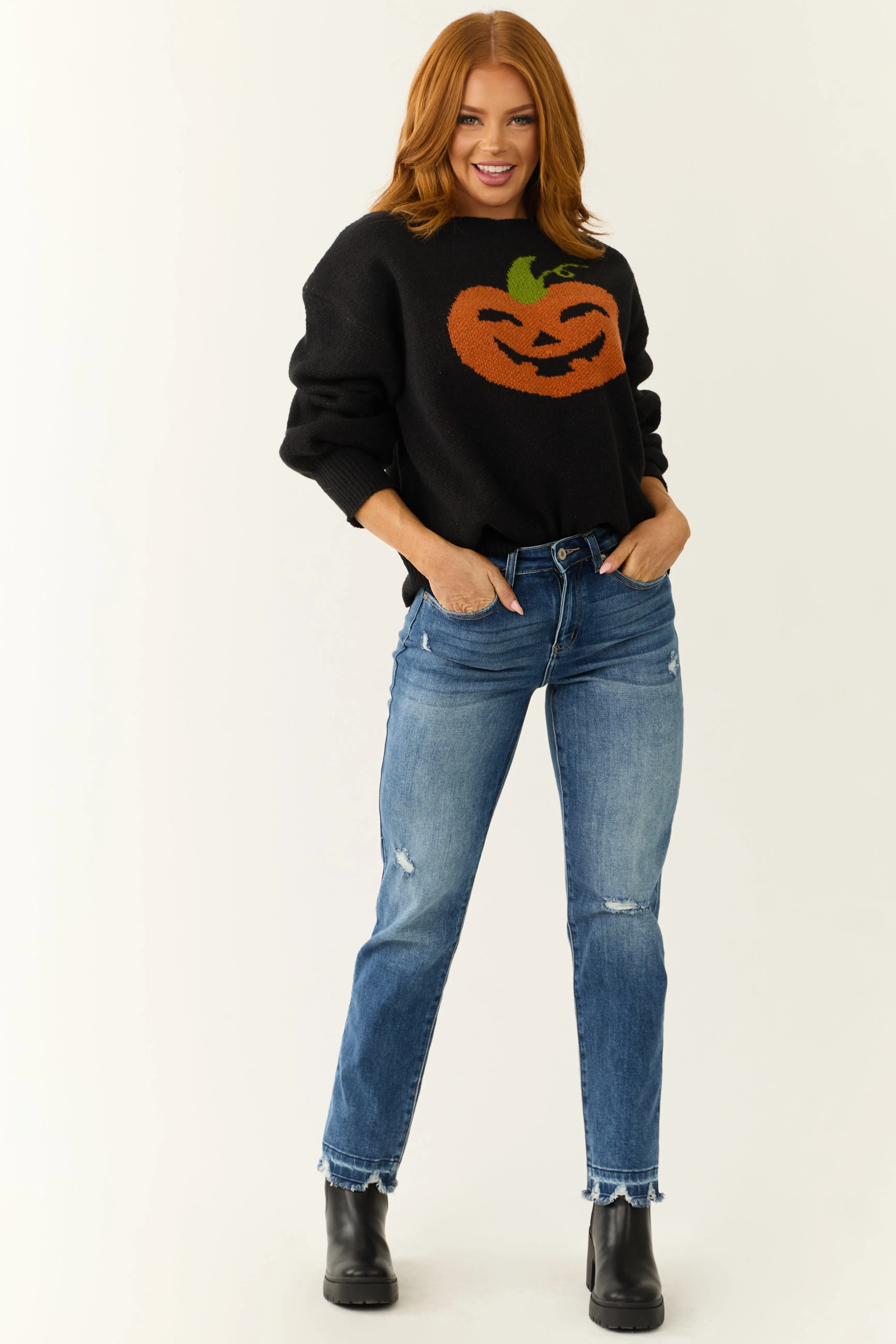 Black Pumpkin Graphic Long Sleeve Sweater sold by Lime Lush product image thumbnail 3