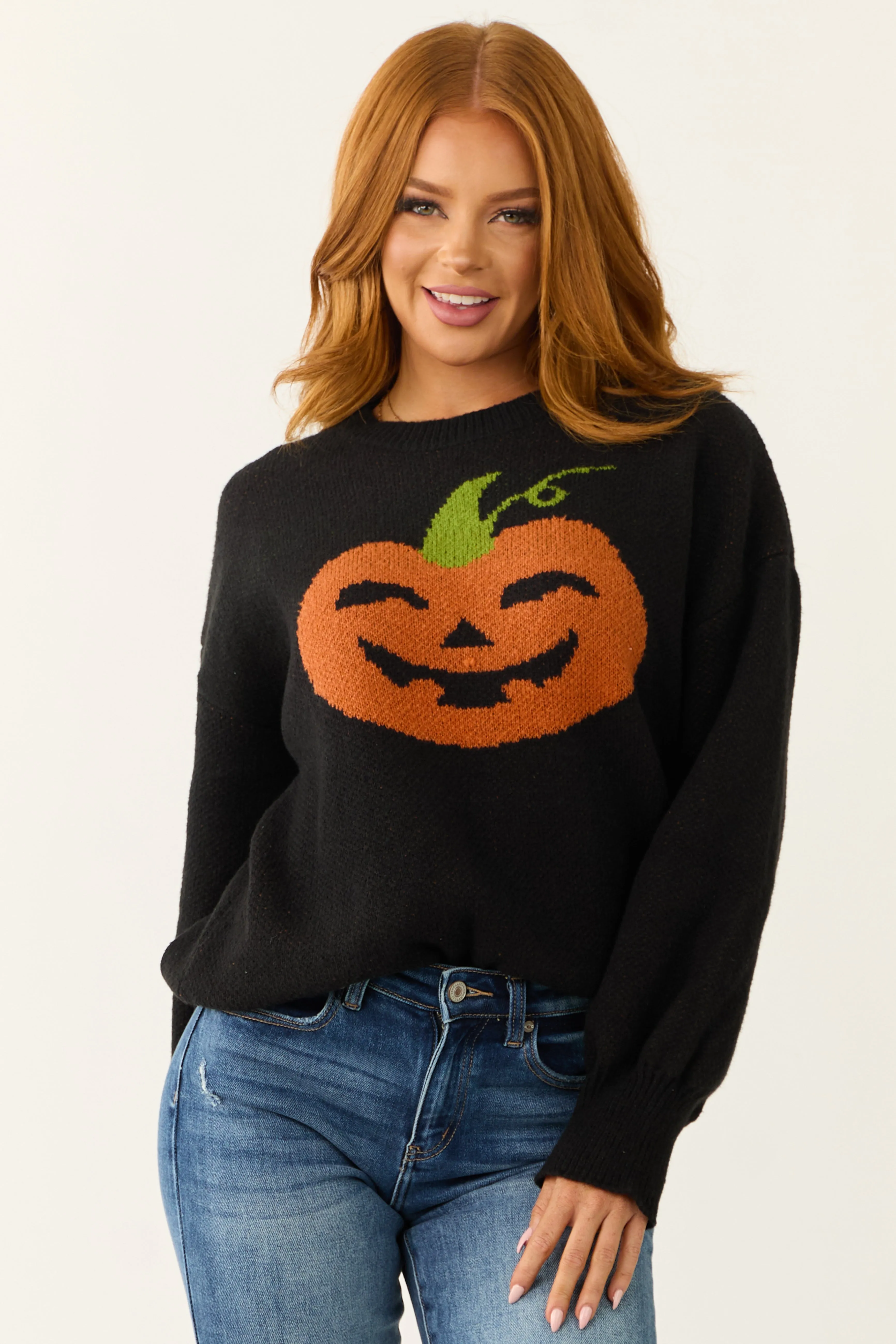 Black Pumpkin Graphic Long Sleeve Sweater sold by Lime Lush