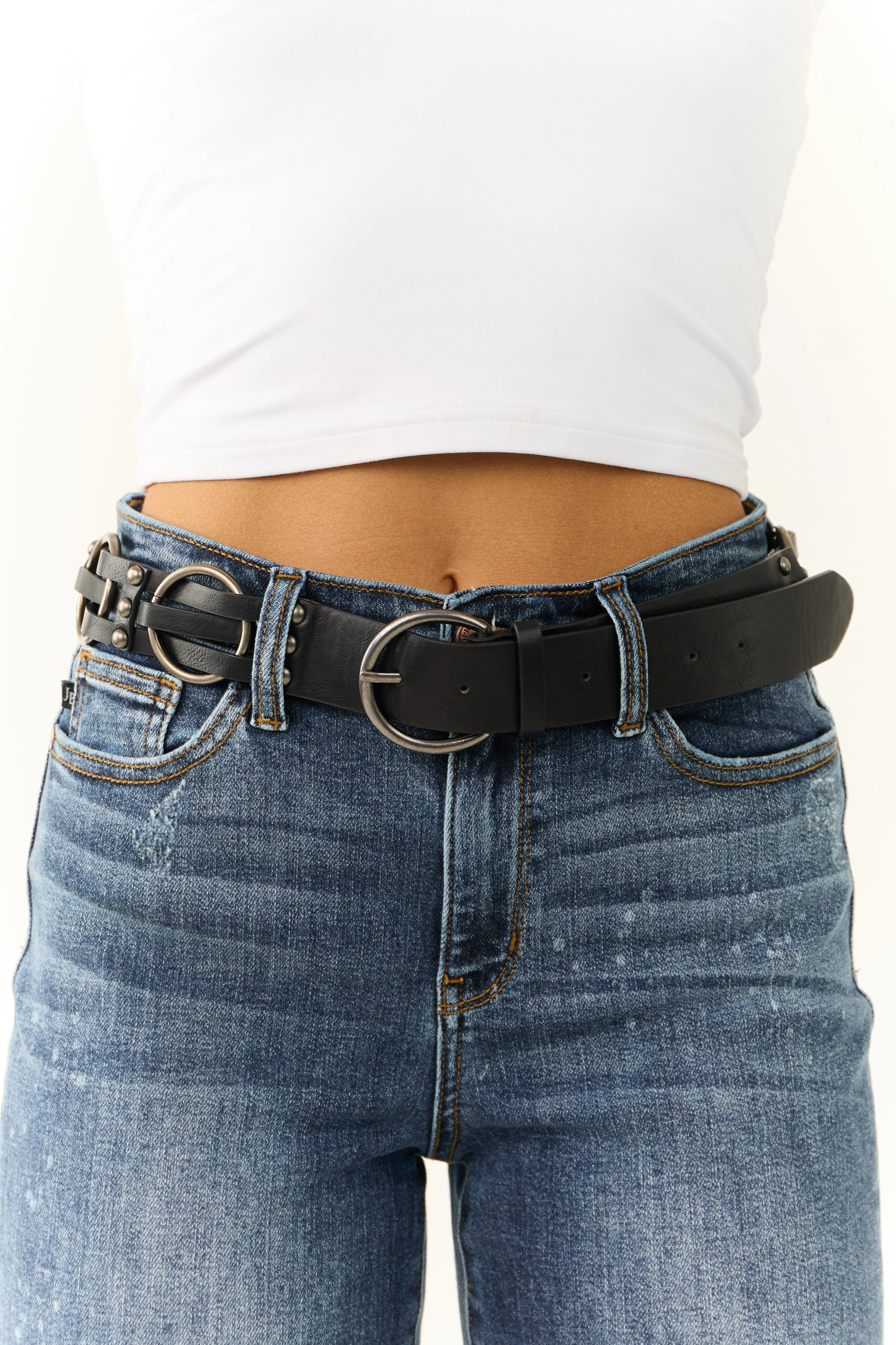 Black Layered Faux Leather Strand Studded Belt sold by Lime Lush