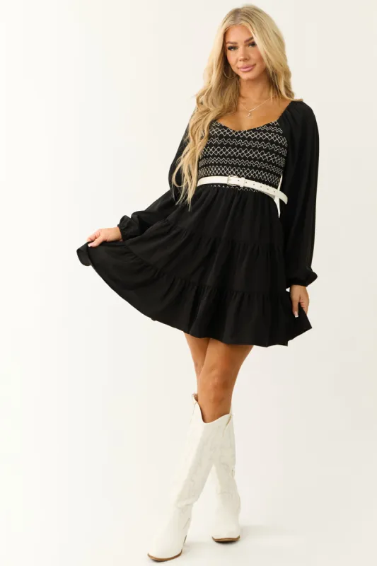 Black Contrast Smocked Long Sleeve Mini Dress sold by Lime Lush