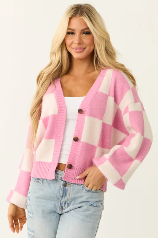 Bubblegum and Cream Checkered Print Cardigan sold by Lime Lush