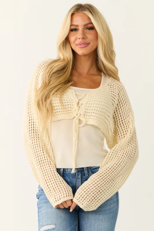 Cream Open Crochet Cropped Cardigan with Tank Top sold by Lime Lush
