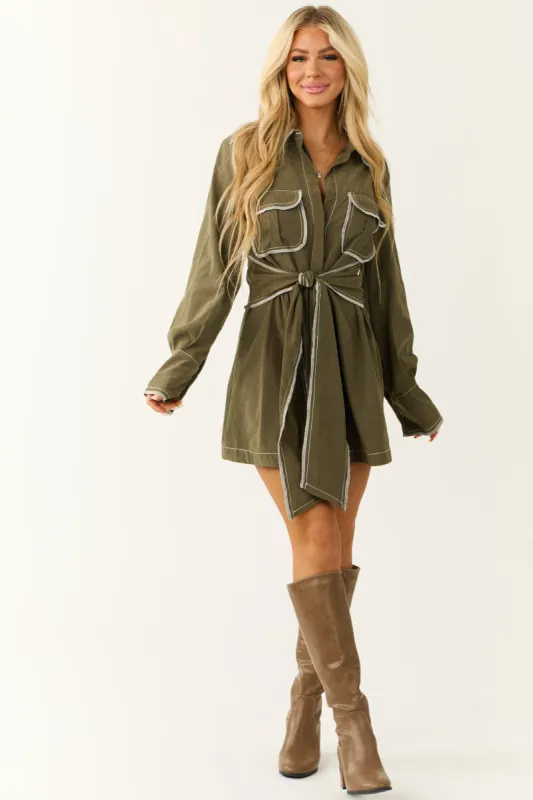 Dusty Olive Pocket Detail Collared Short Dress sold by Lime Lush