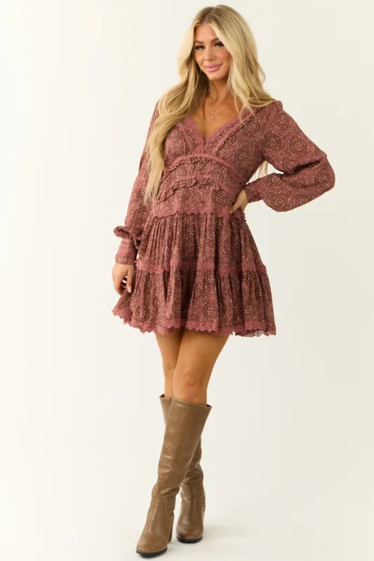 Marsala Abstract Print Lace Trim Mini Dress sold by Lime Lush