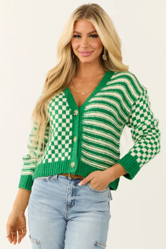 Jade and Cream Checkered and Stripe Print Cardigan sold by Lime Lush