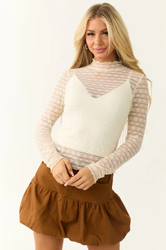 Cream Mock Neck Sheer Lace Long Sleeve Top sold by Lime Lush