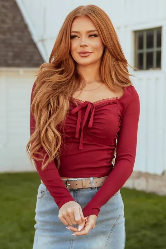 Maroon Front Tie Detail Ruched Long Sleeve Top sold by Lime Lush