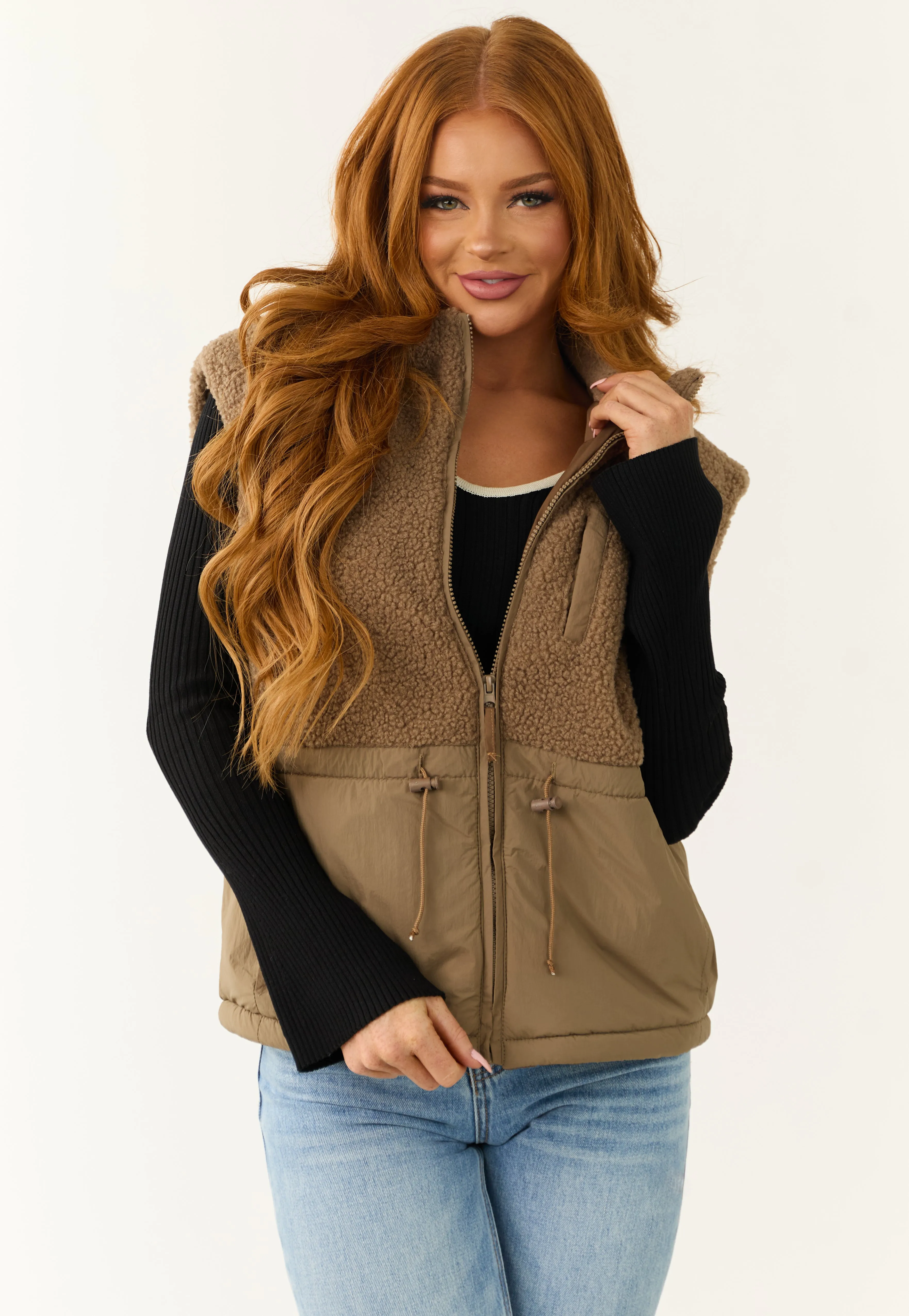 Taupe Zip Up Sherpa Vest with Drawstring Waist sold by Lime Lush
