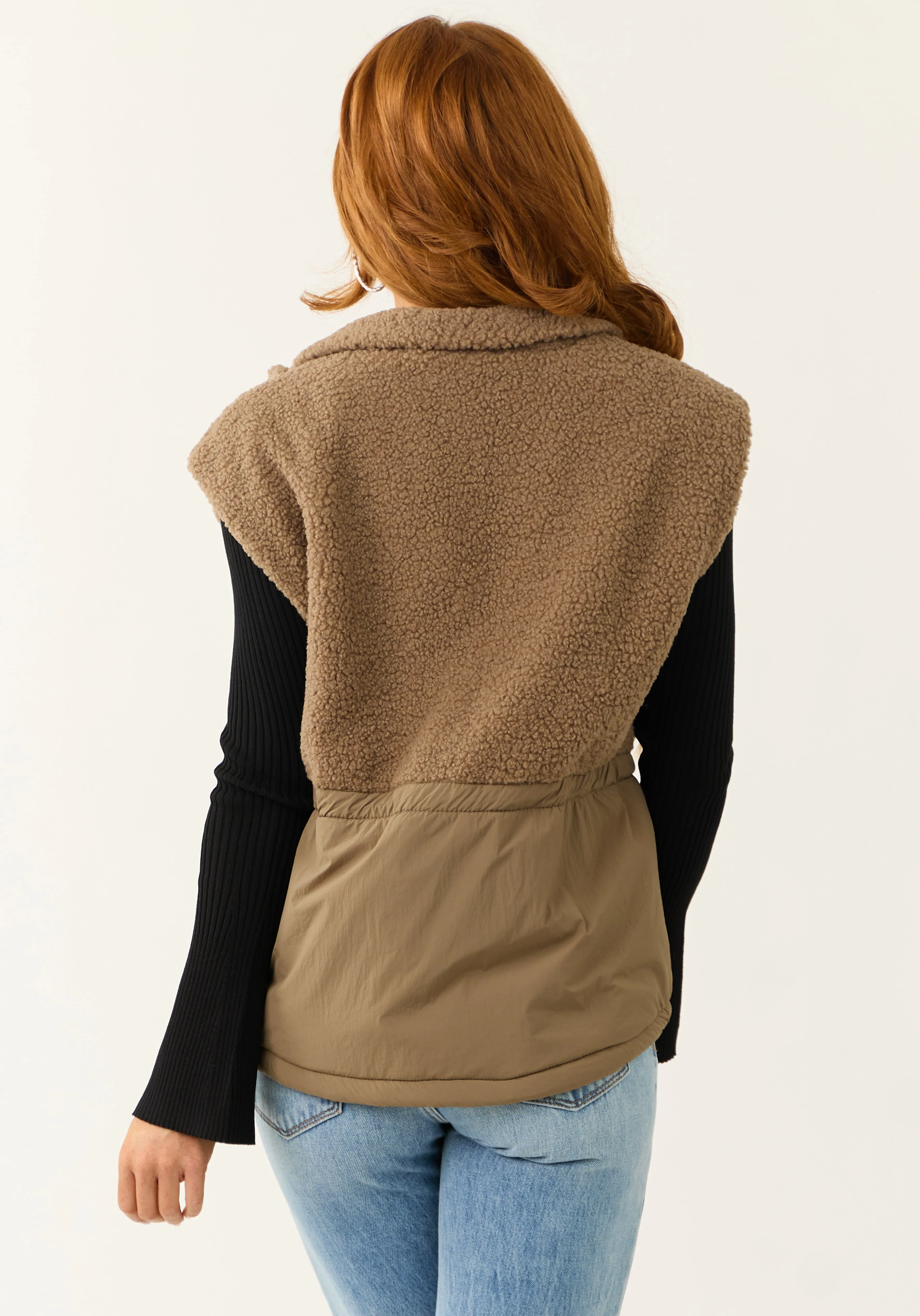 Taupe Zip Up Sherpa Vest with Drawstring Waist sold by Lime Lush product image thumbnail 5
