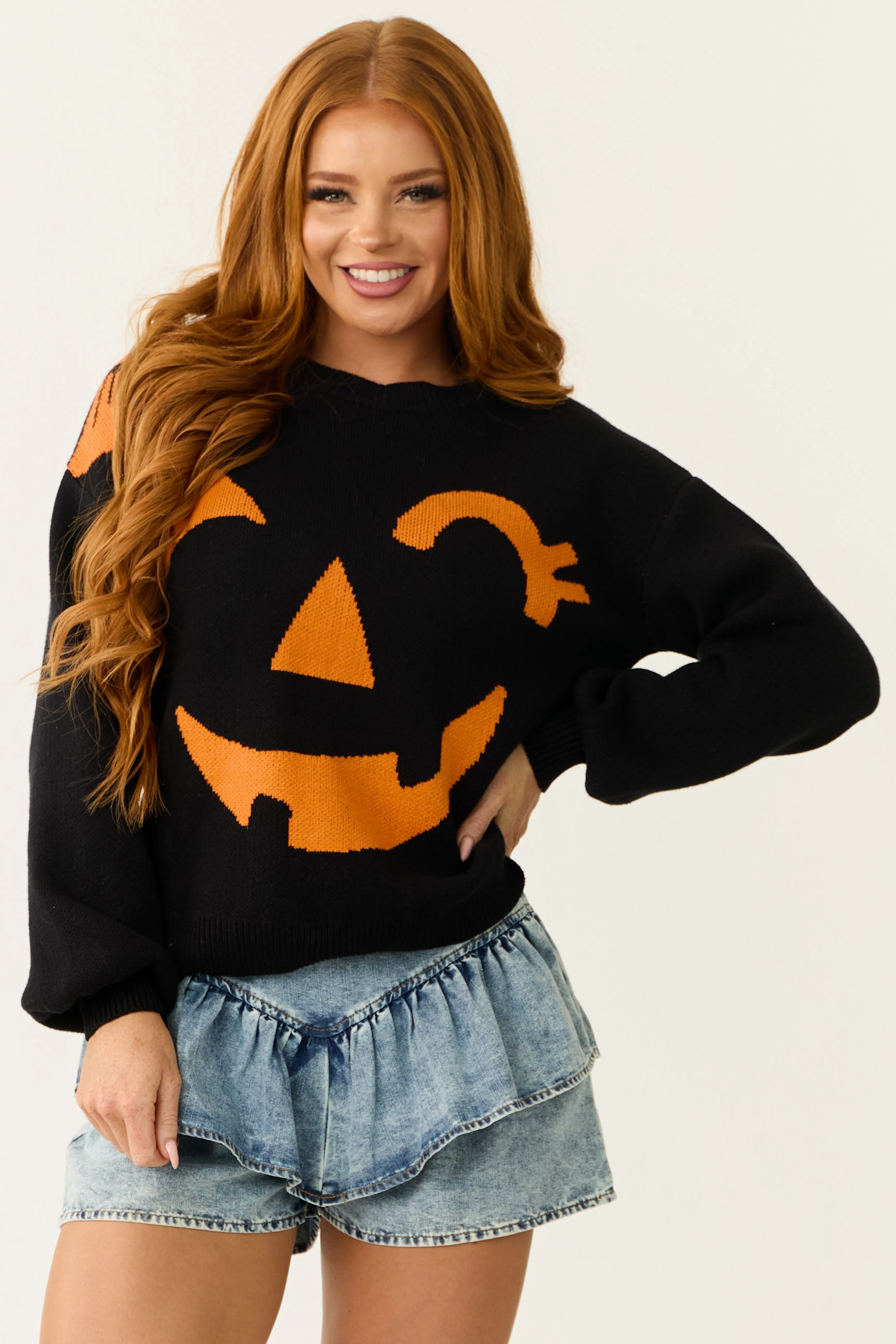 Black Jack-O-Lantern Graphic Soft Knit Sweater sold by Lime Lush