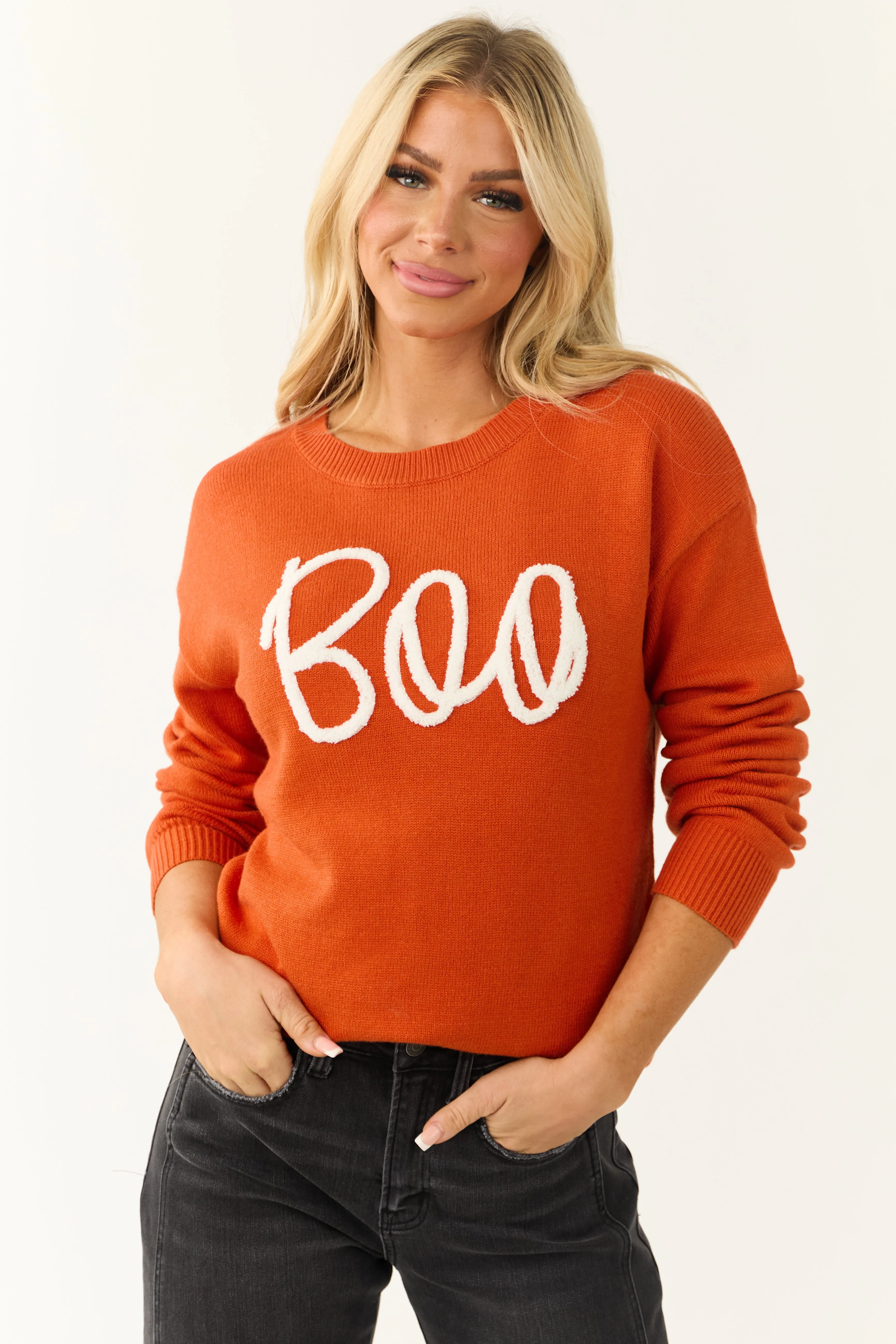 Fire 'Boo' Graphic Drop Shoulder Knit Sweater sold by Lime Lush