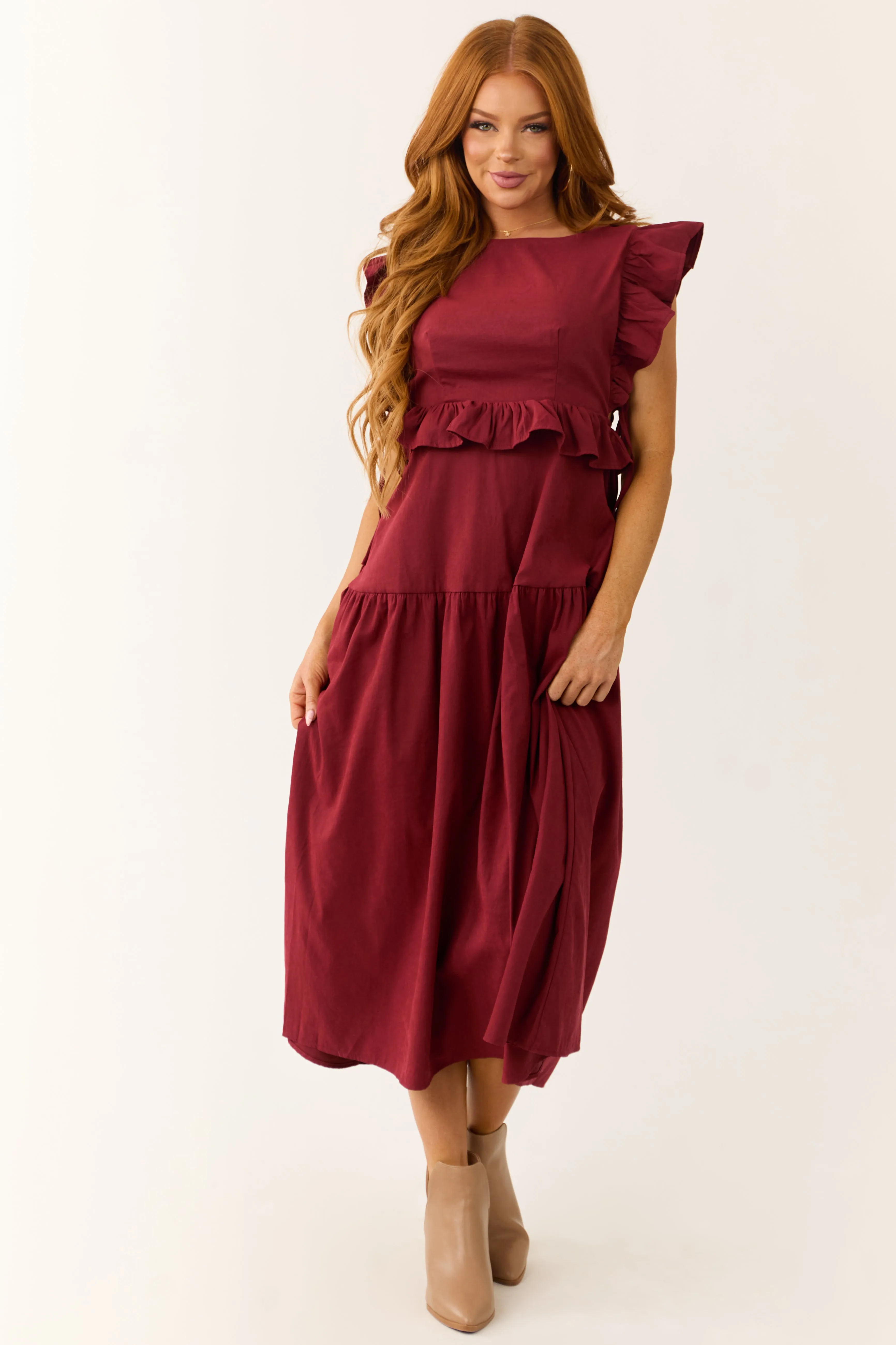 Maroon Ruffle Sleeve Midi Dress with Back Tie sold by Lime Lush product image thumbnail 2