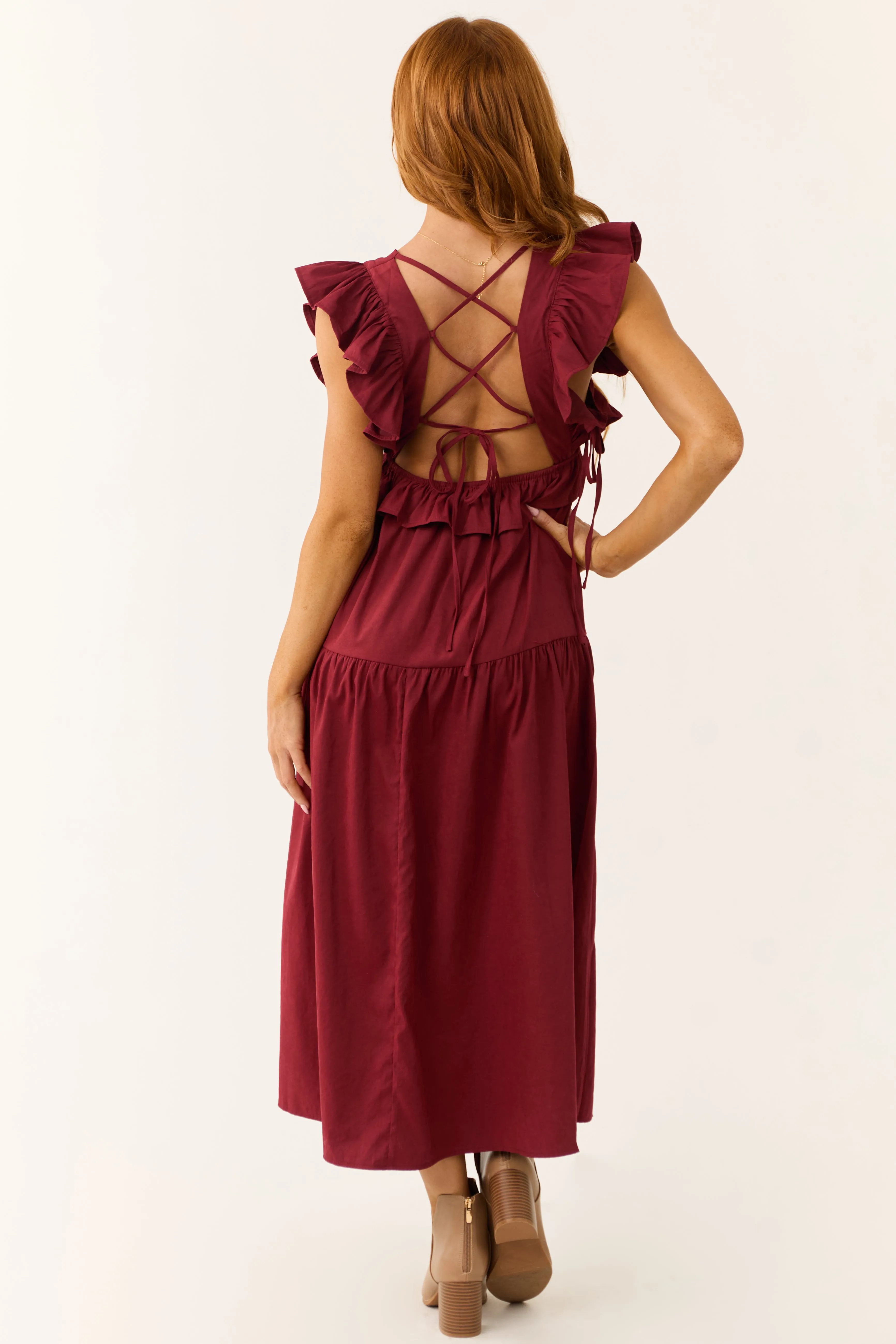 Maroon Ruffle Sleeve Midi Dress with Back Tie sold by Lime Lush product image thumbnail 4