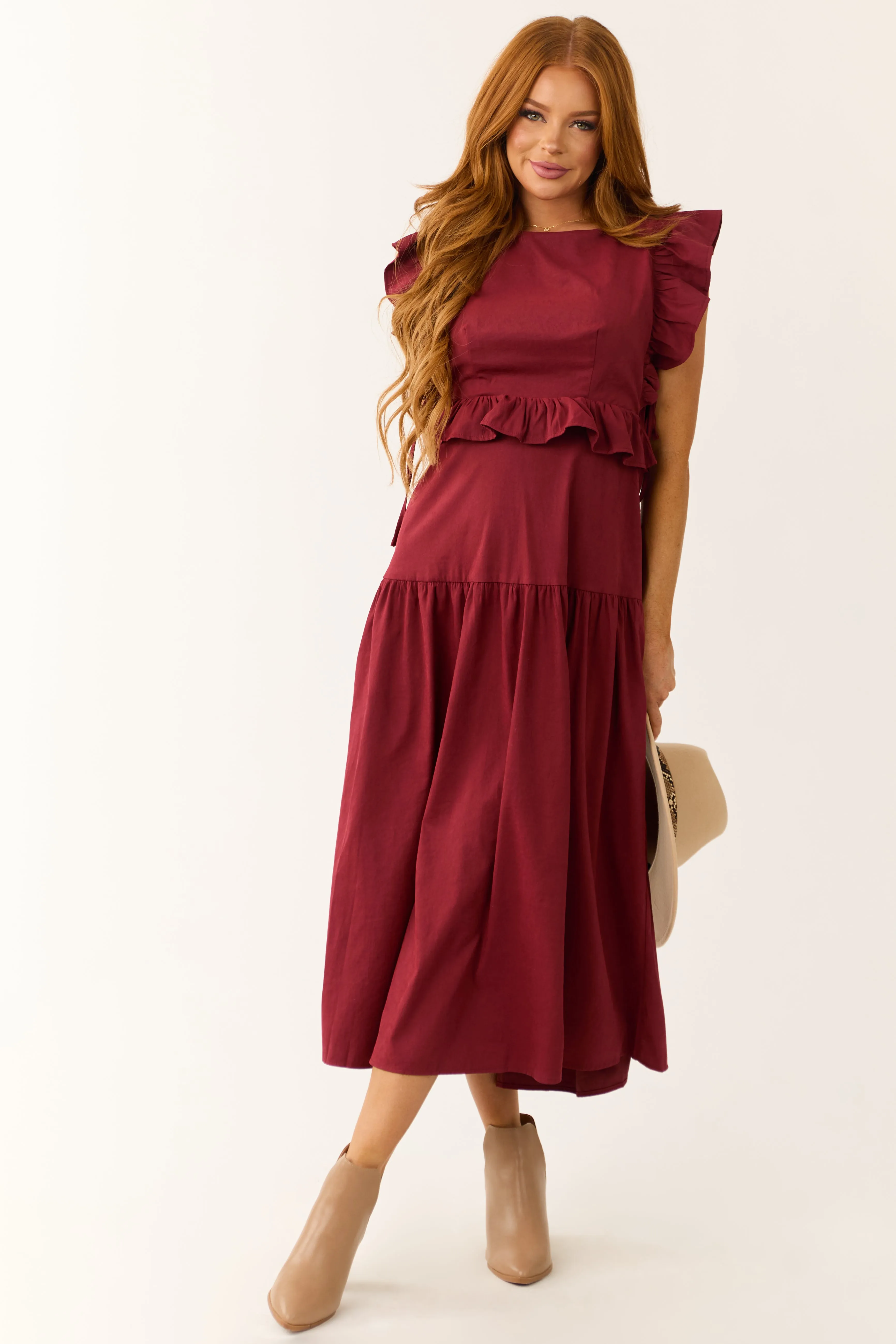 Maroon Ruffle Sleeve Midi Dress with Back Tie sold by Lime Lush