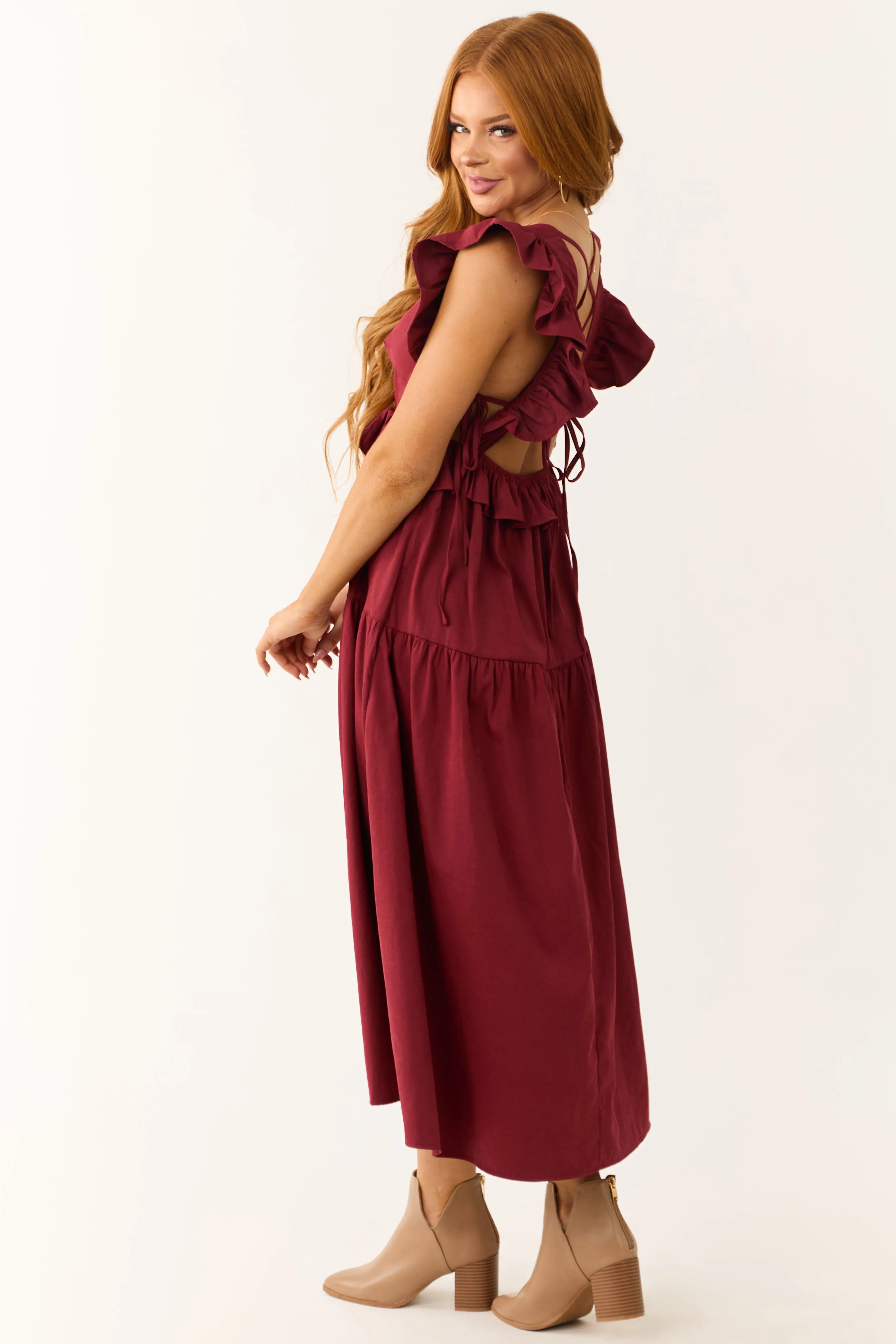 Maroon Ruffle Sleeve Midi Dress with Back Tie sold by Lime Lush product image thumbnail 3