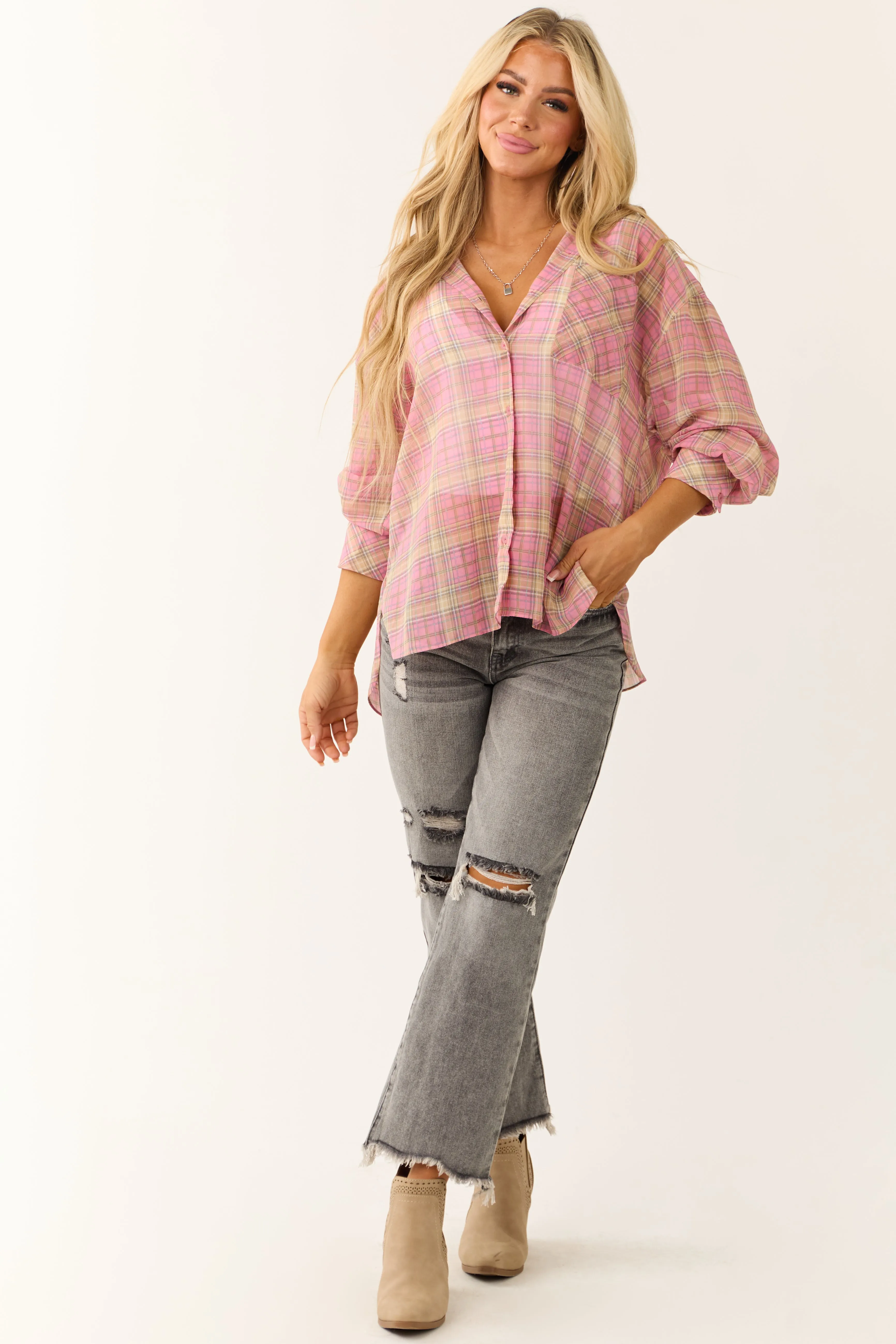 Bubblegum Plaid Long Sleeve Button Up Sheer Top sold by Lime Lush product image thumbnail 4