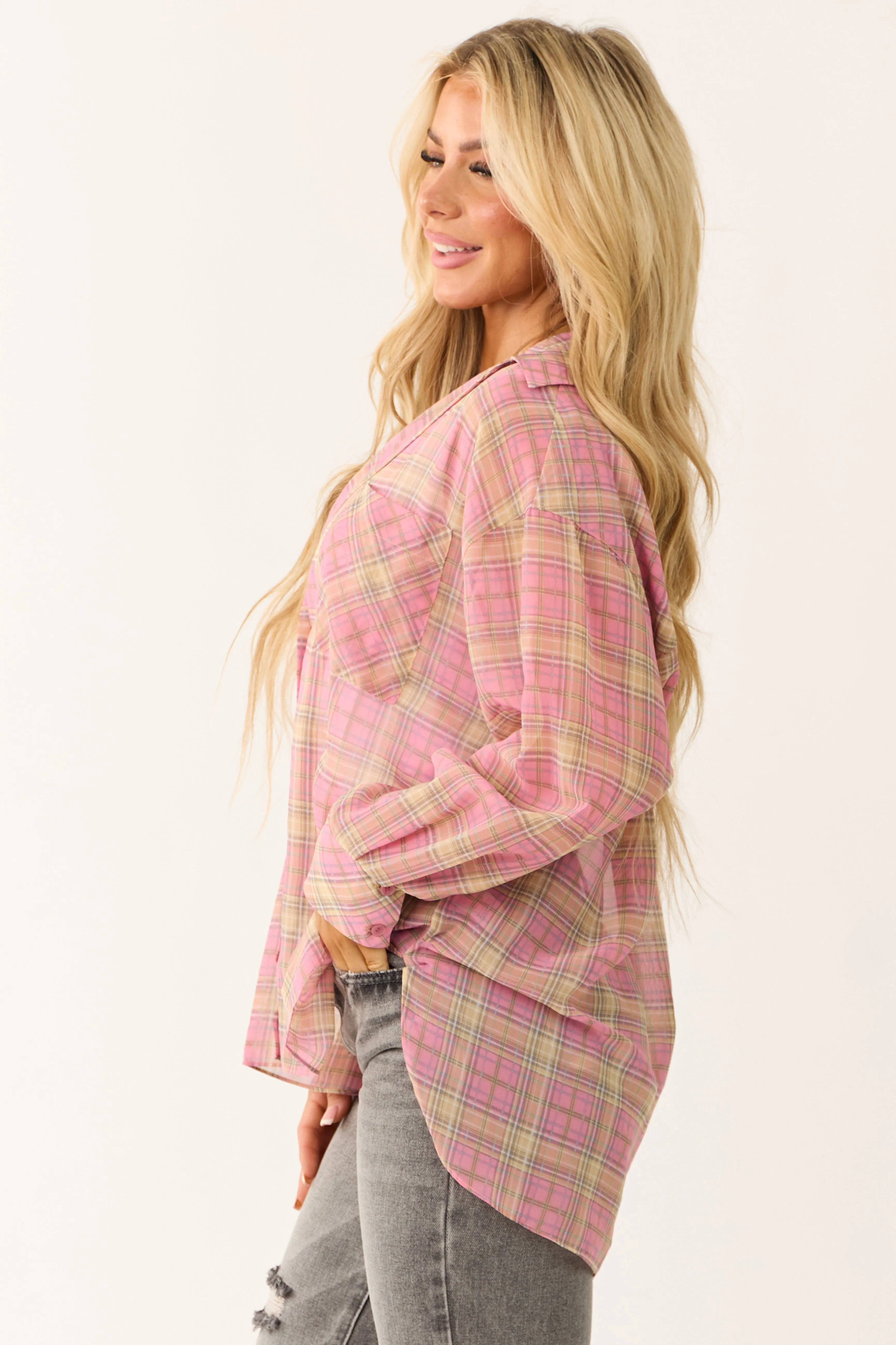 Bubblegum Plaid Long Sleeve Button Up Sheer Top sold by Lime Lush product image thumbnail 5