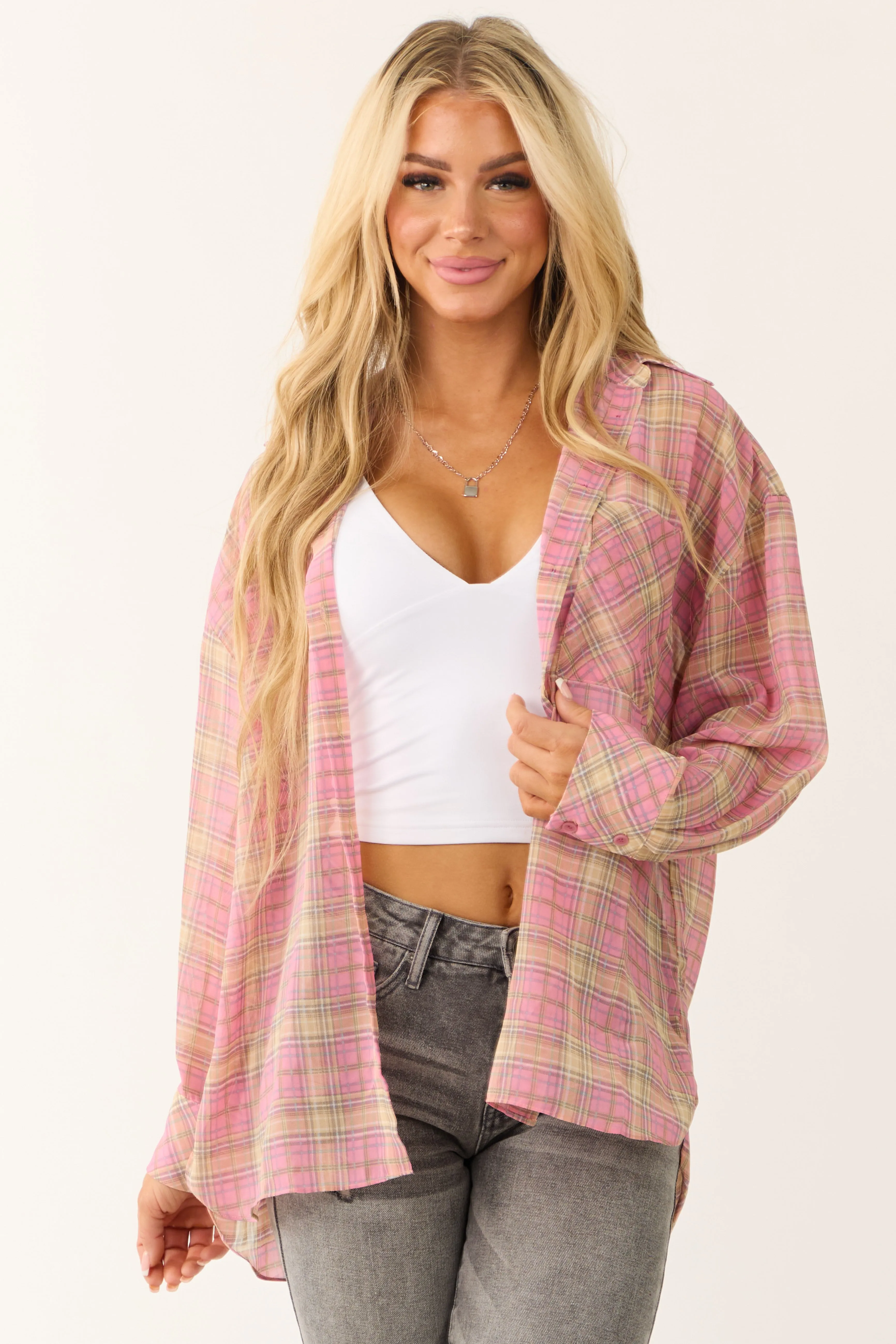Bubblegum Plaid Long Sleeve Button Up Sheer Top sold by Lime Lush