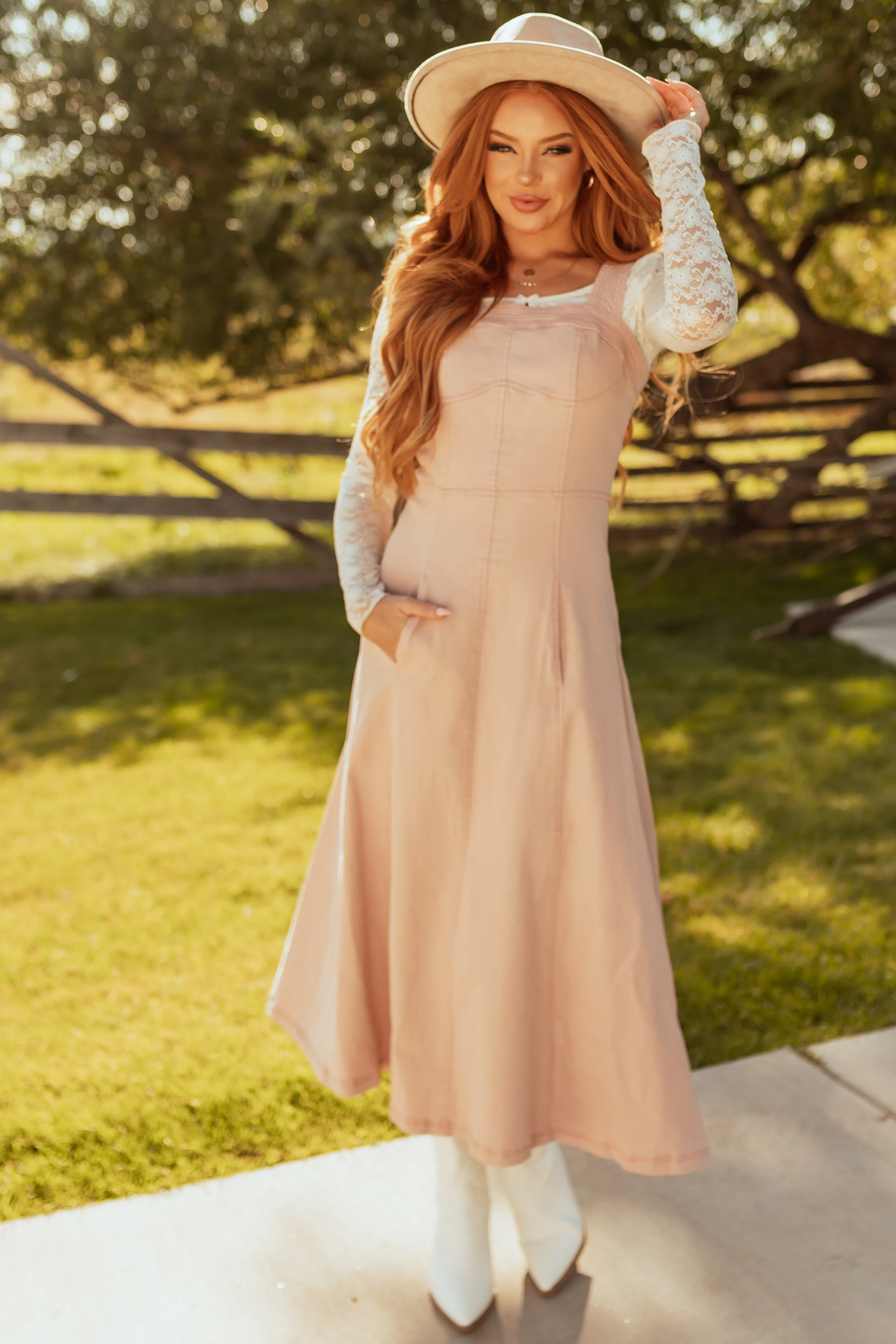 Blush Denim Thick Strap Midi Dress sold by Lime Lush