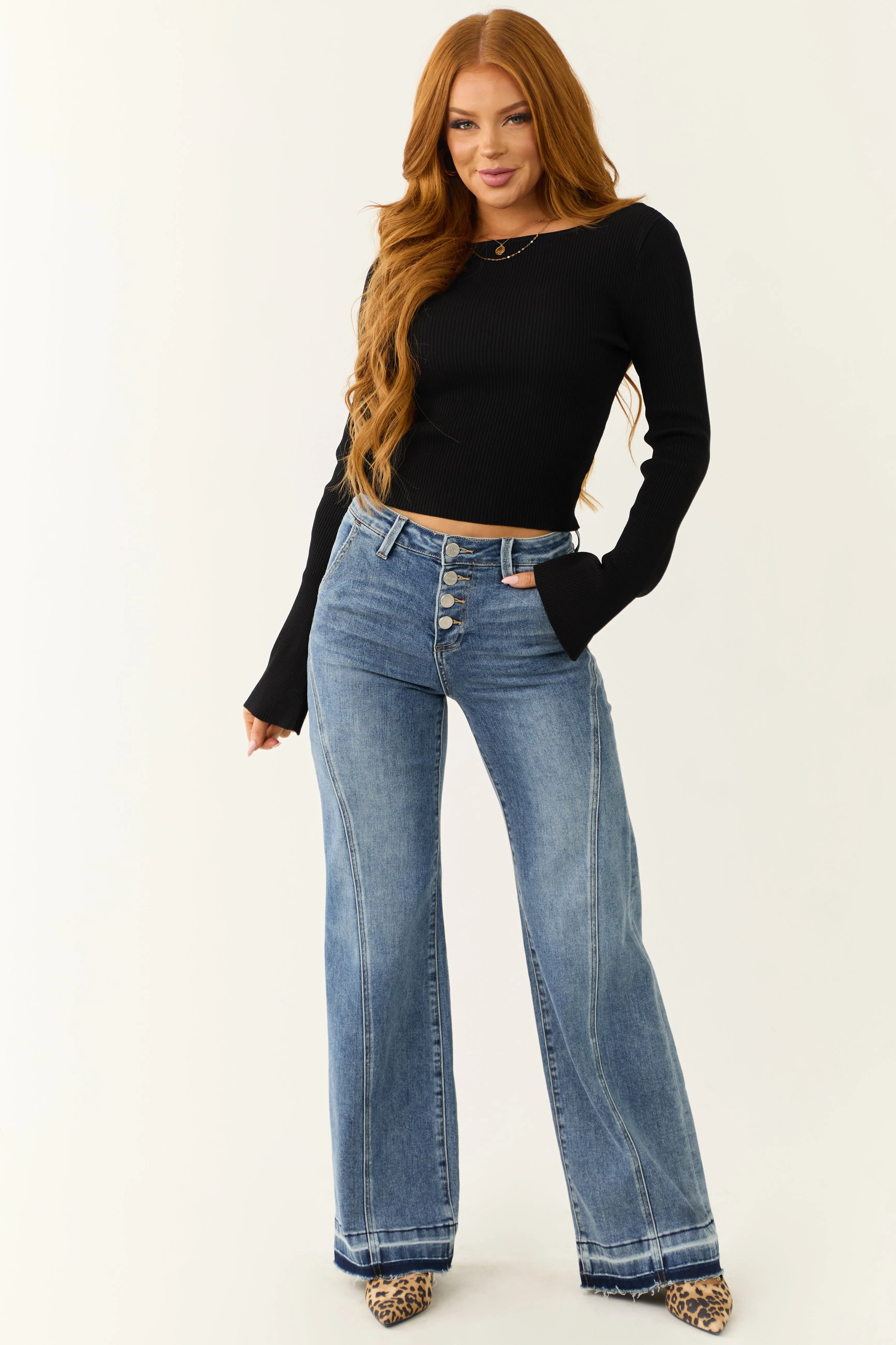 Risen Medium Wash Front Seam Wide Leg Jeans sold by Lime Lush product image thumbnail 3