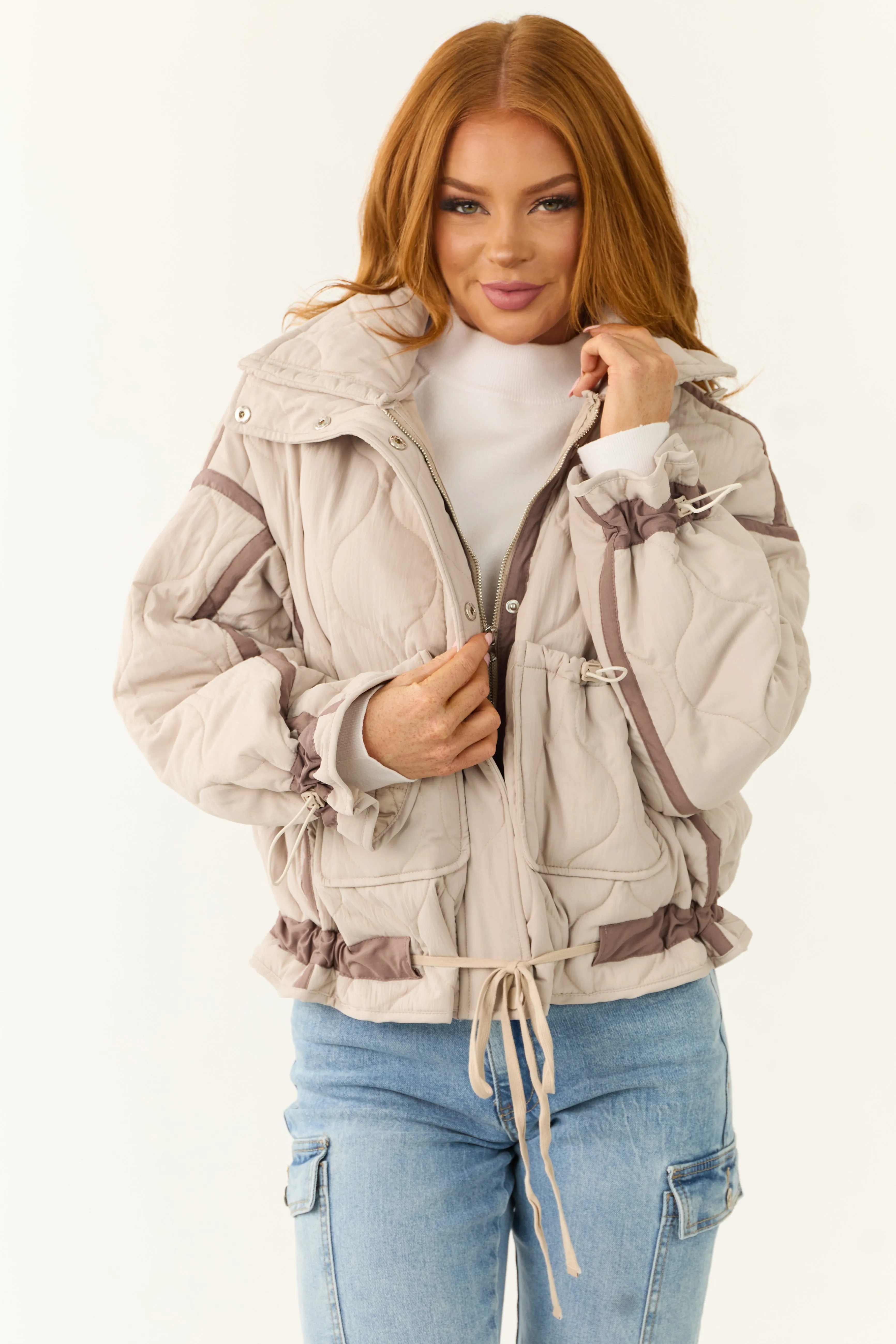 Almond Button Down Collared Puffer Jacket sold by Lime Lush