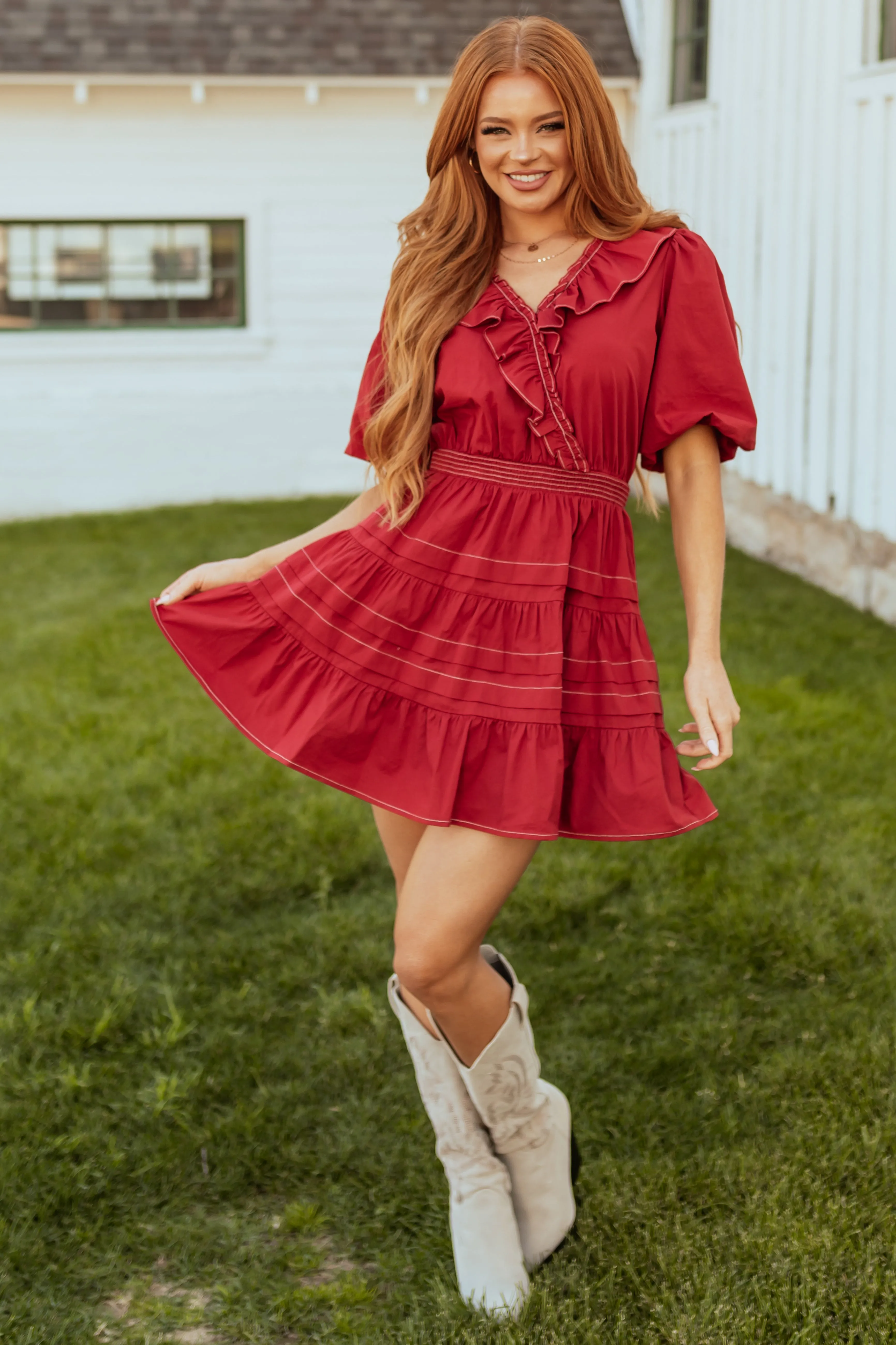 Burgundy Tiered Ruffle Surplice Wrap Mini Dress sold by Lime Lush