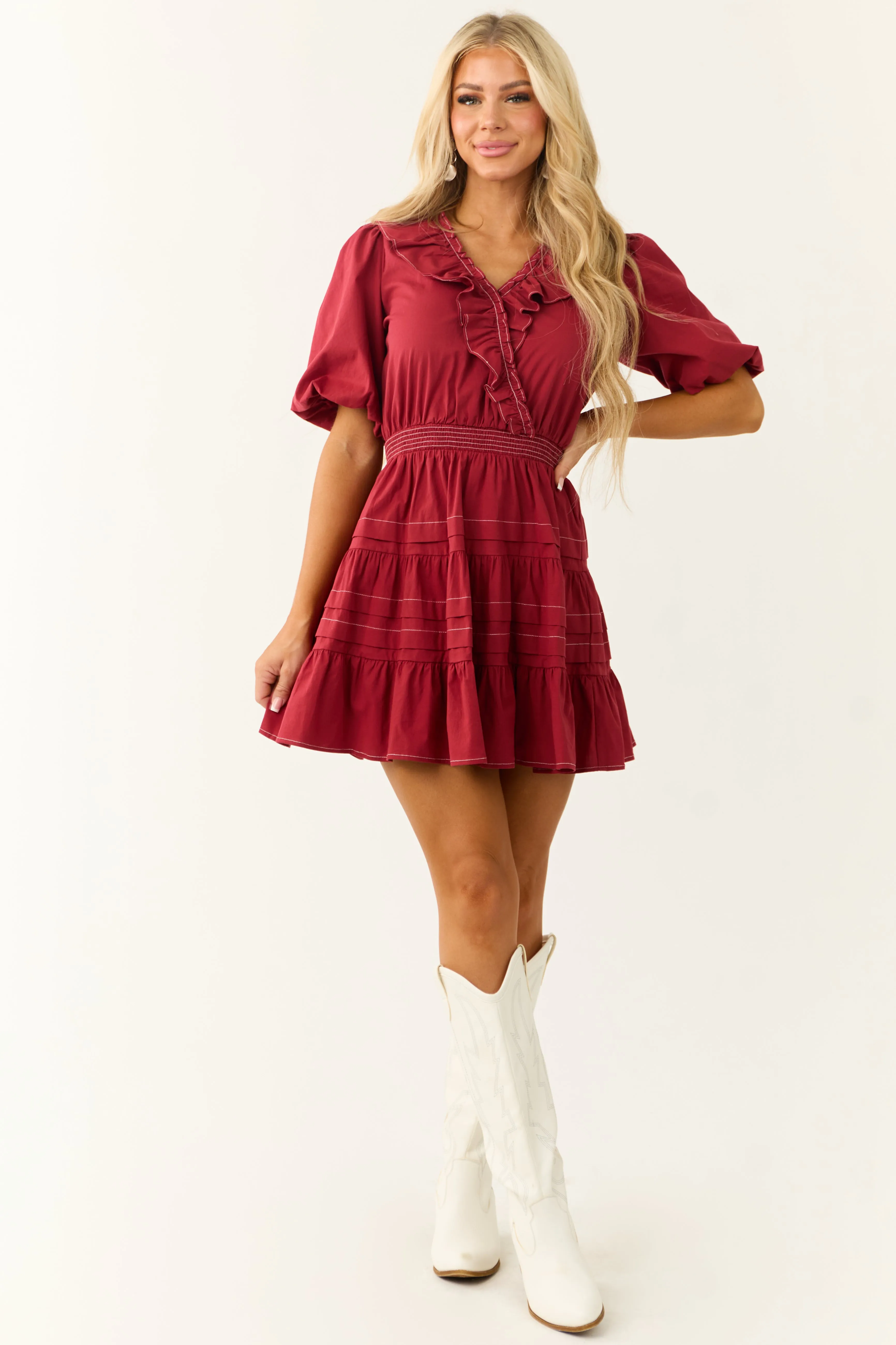 Burgundy Tiered Ruffle Surplice Wrap Mini Dress sold by Lime Lush product image thumbnail 2