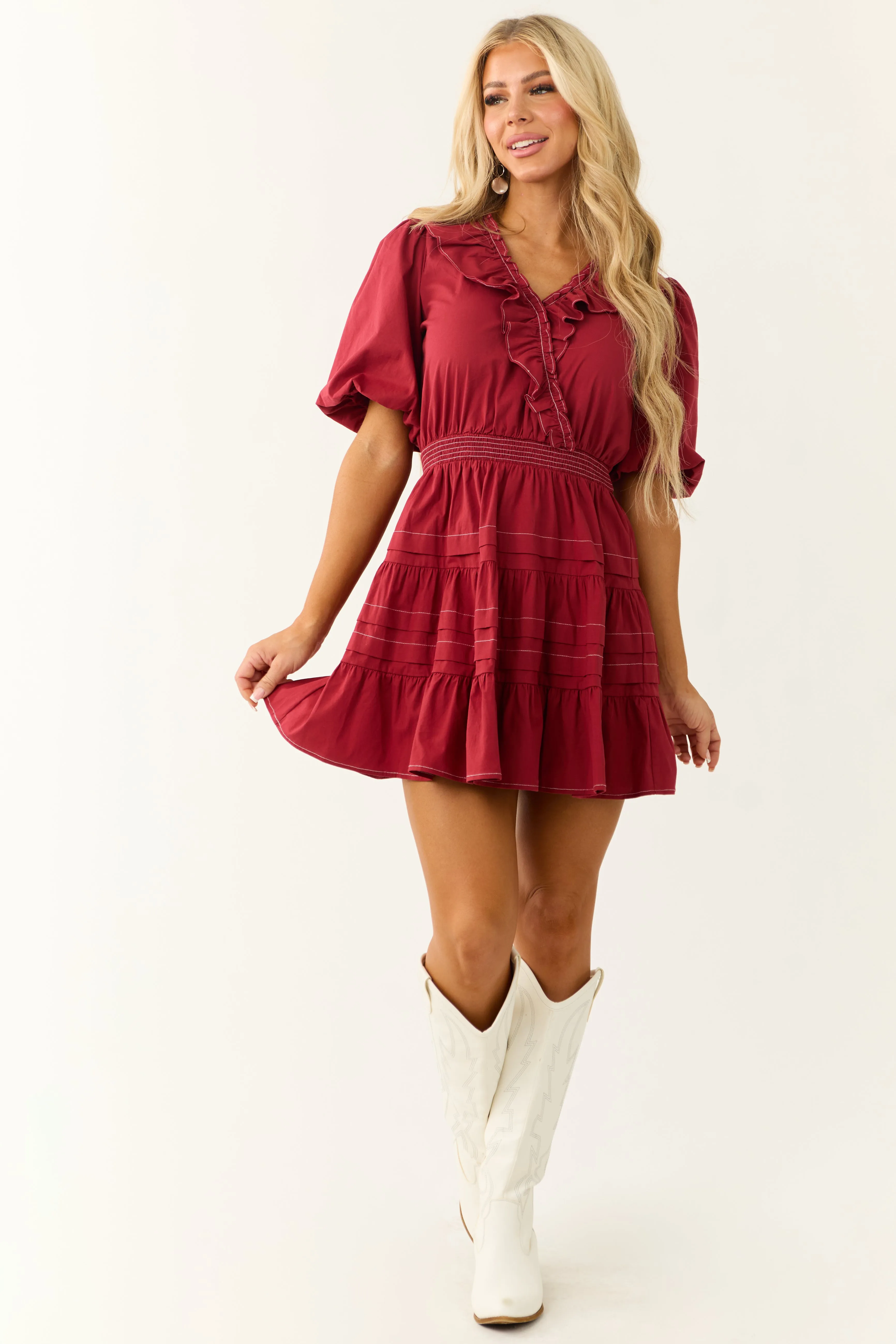 Burgundy Tiered Ruffle Surplice Wrap Mini Dress sold by Lime Lush product image thumbnail 3
