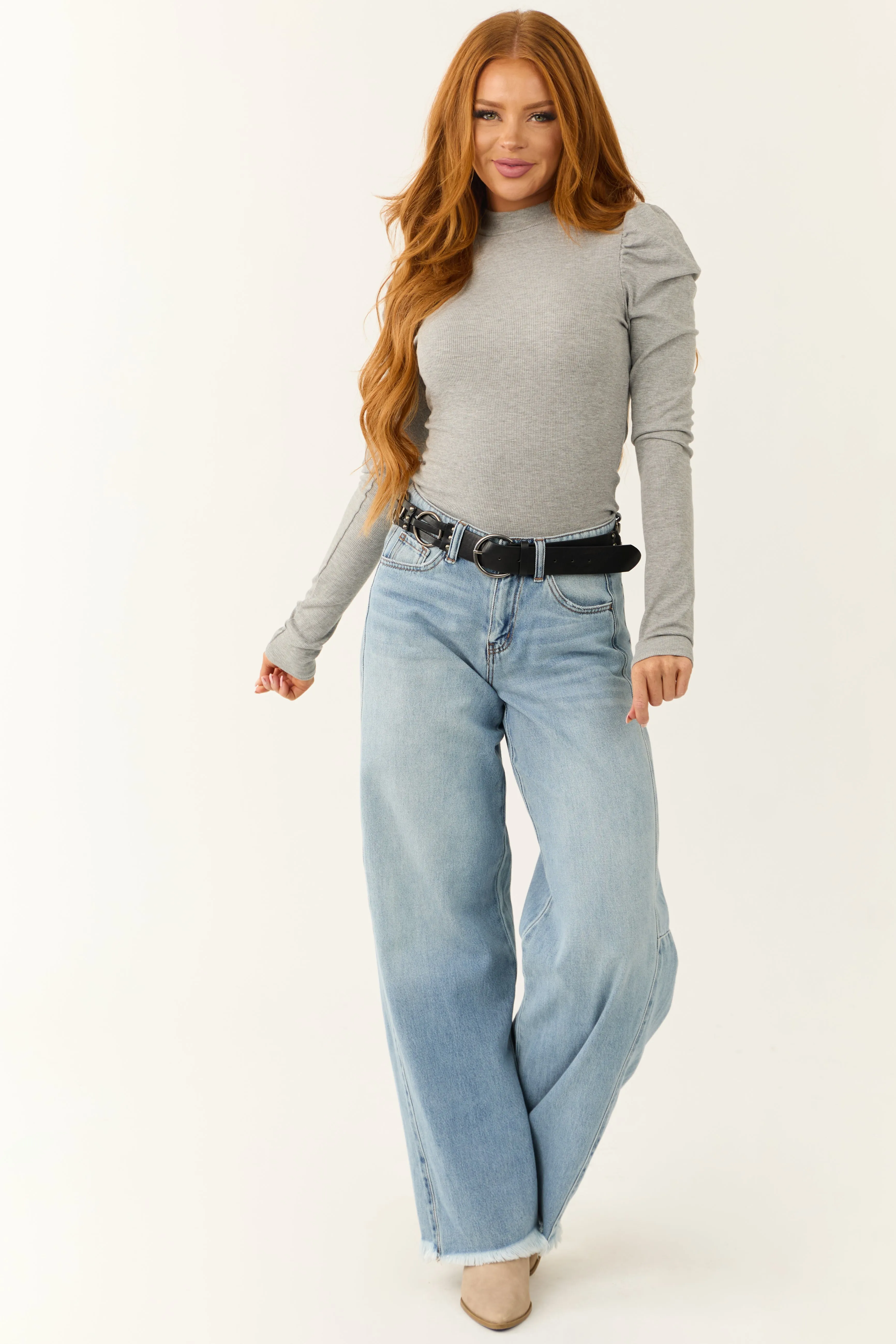 Heather Grey Puff Shoulder Long Sleeve Knit Top sold by Lime Lush product image thumbnail 4