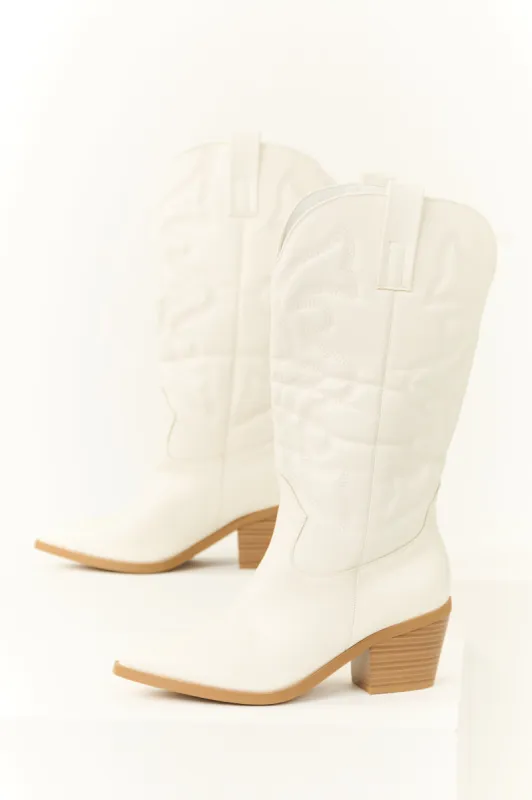 Ivory Faux Leather Pointed Toe Western Boots sold by Lime Lush