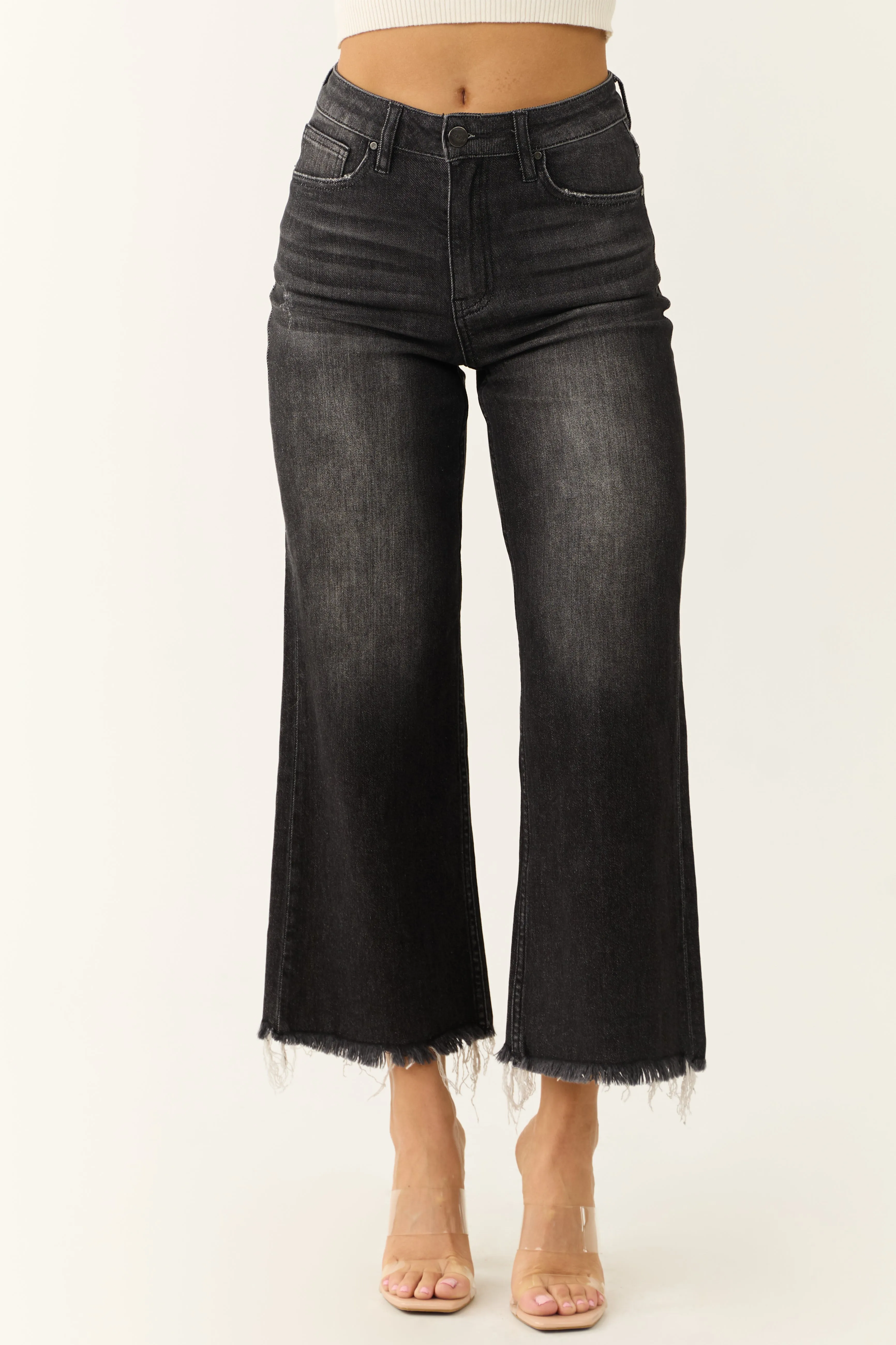 Risen Black Wide Leg Frayed Hem Cropped Jeans sold by Lime Lush