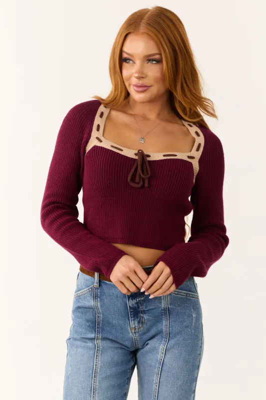 Wine Contrast Square Neck Cropped Sweater sold by Lime Lush