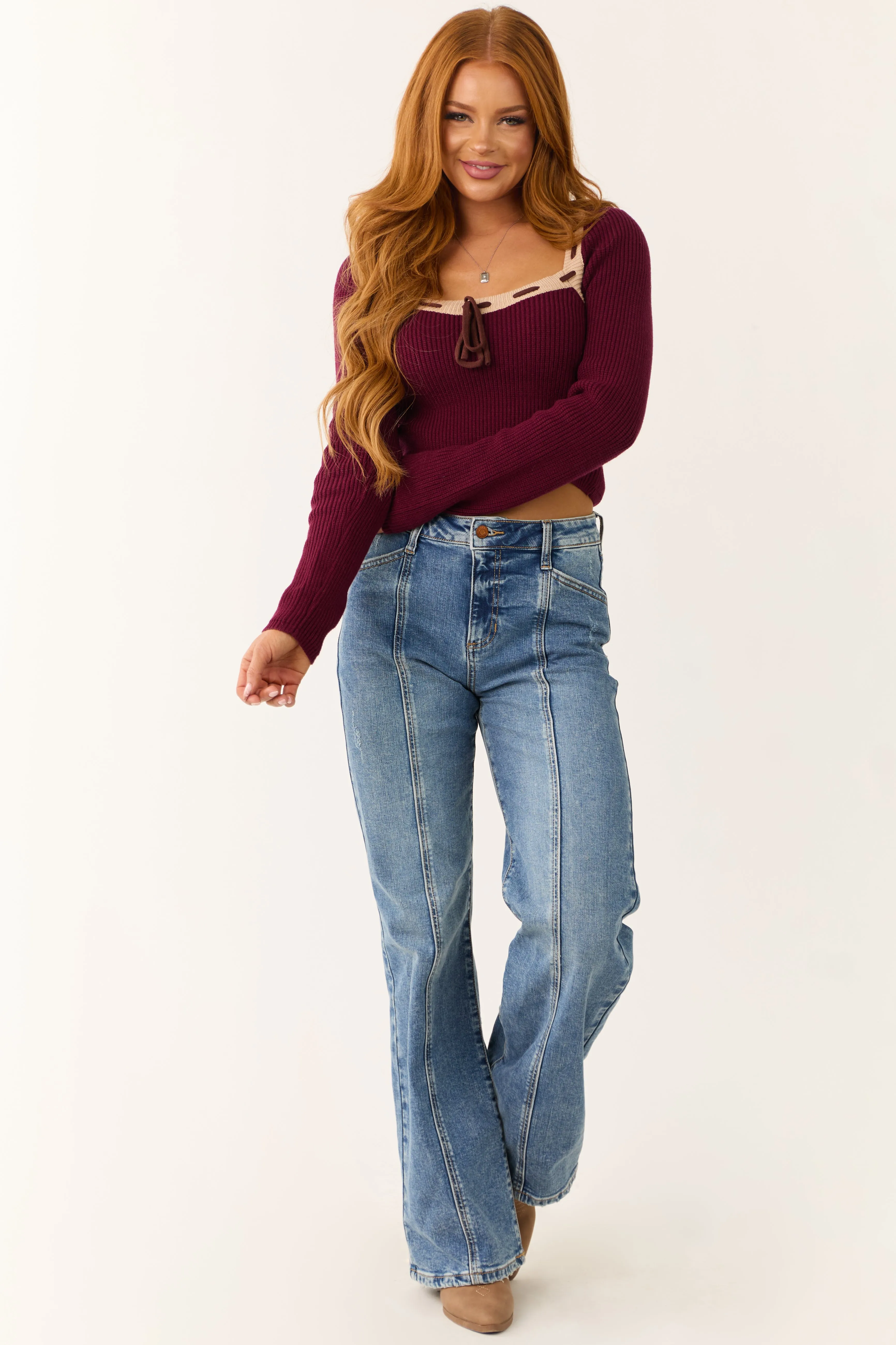 Wine Contrast Square Neck Cropped Sweater sold by Lime Lush product image thumbnail 4