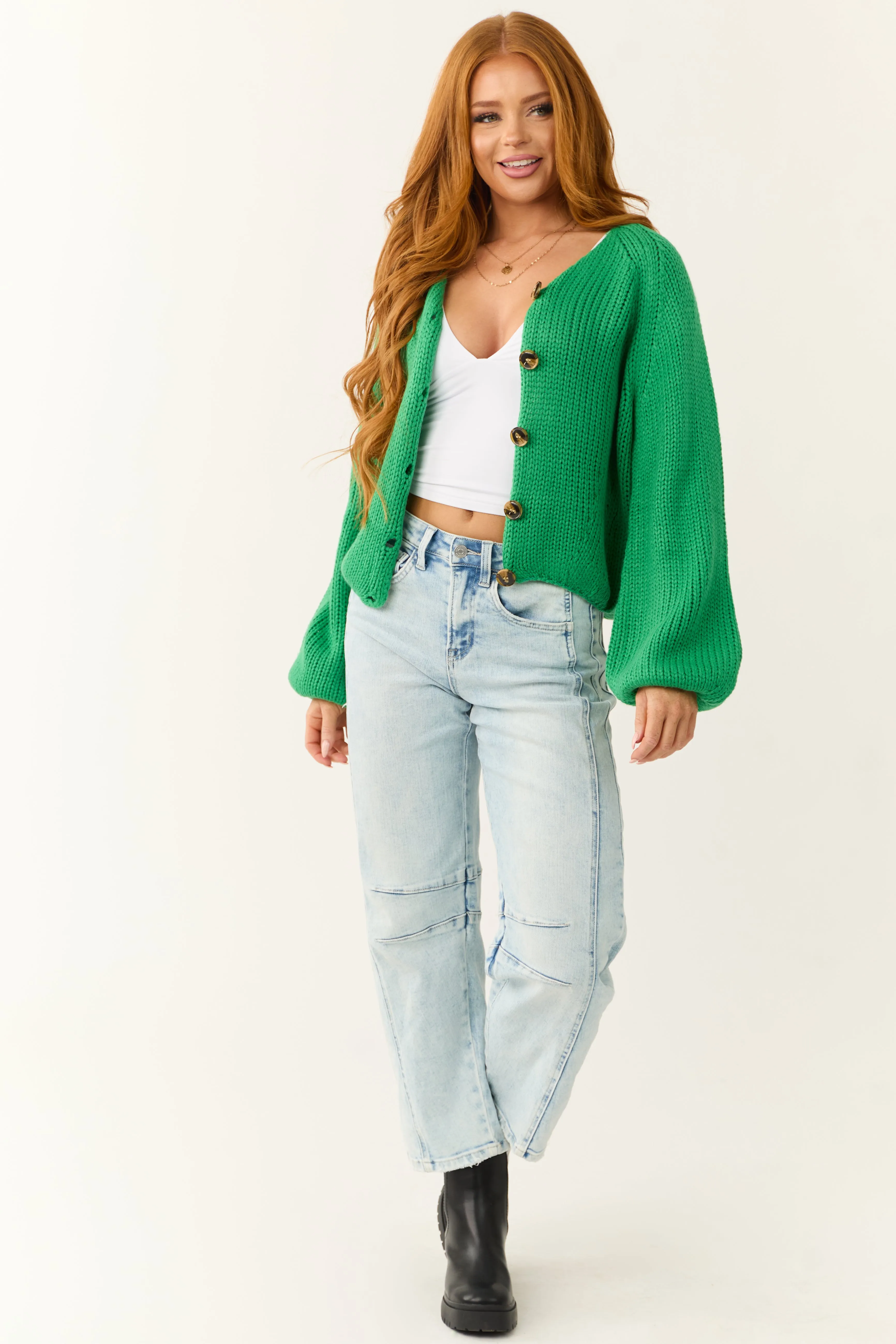 Kelly Green Button Down Long Sleeve Cardigan sold by Lime Lush product image thumbnail 2