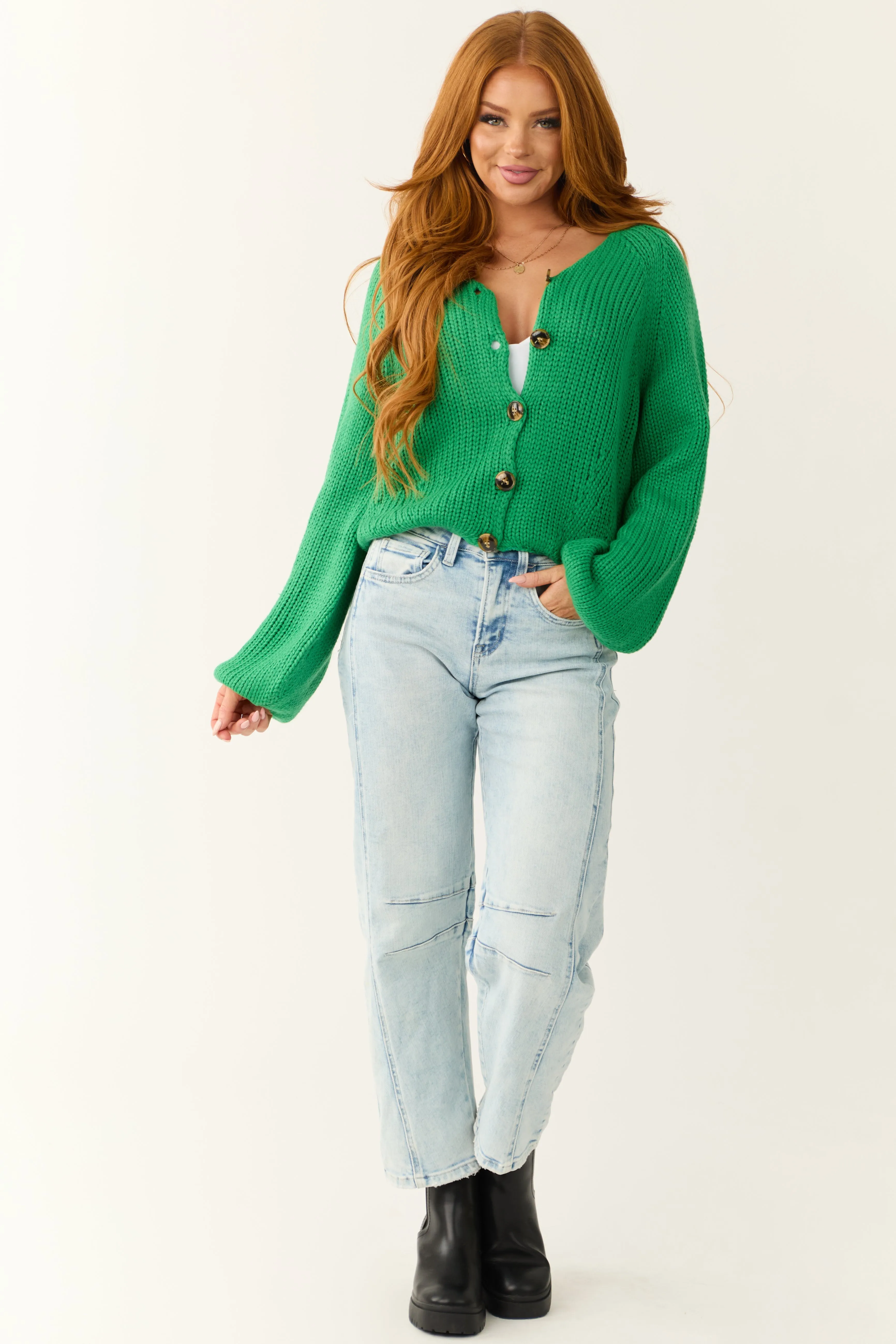 Kelly Green Button Down Long Sleeve Cardigan sold by Lime Lush product image thumbnail 3