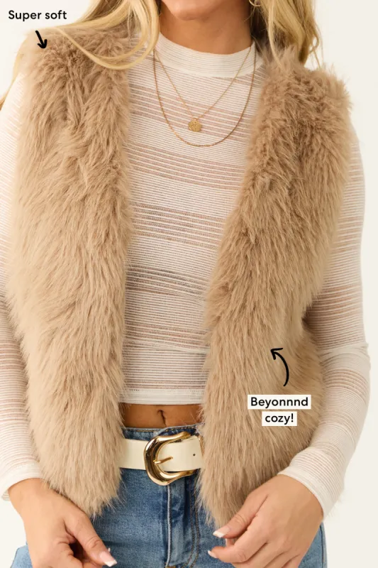 Latte Faux Fur Soft Open Vest sold by Lime Lush