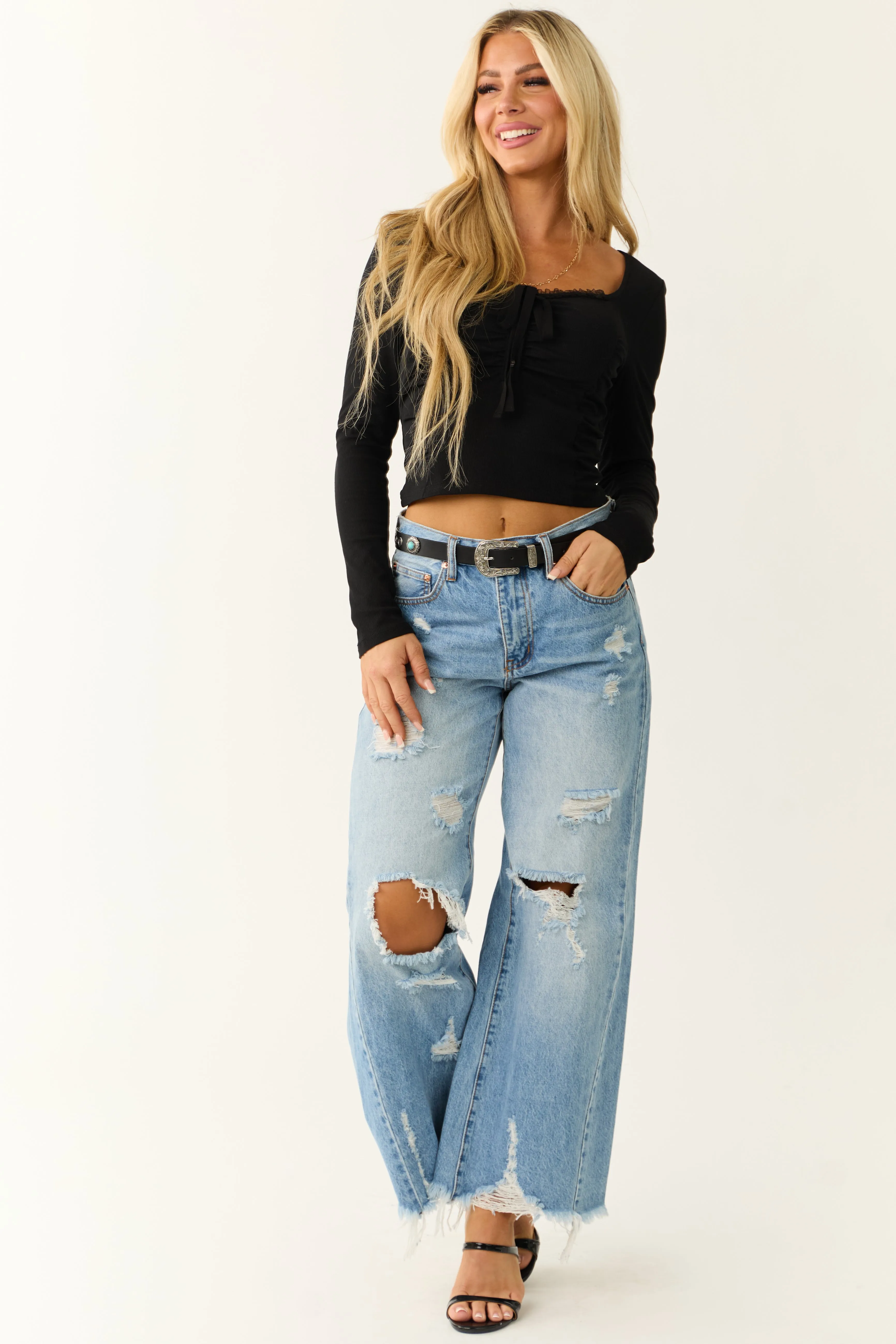 Black Front Tie Detail Ruched Long Sleeve Top sold by Lime Lush product image thumbnail 4